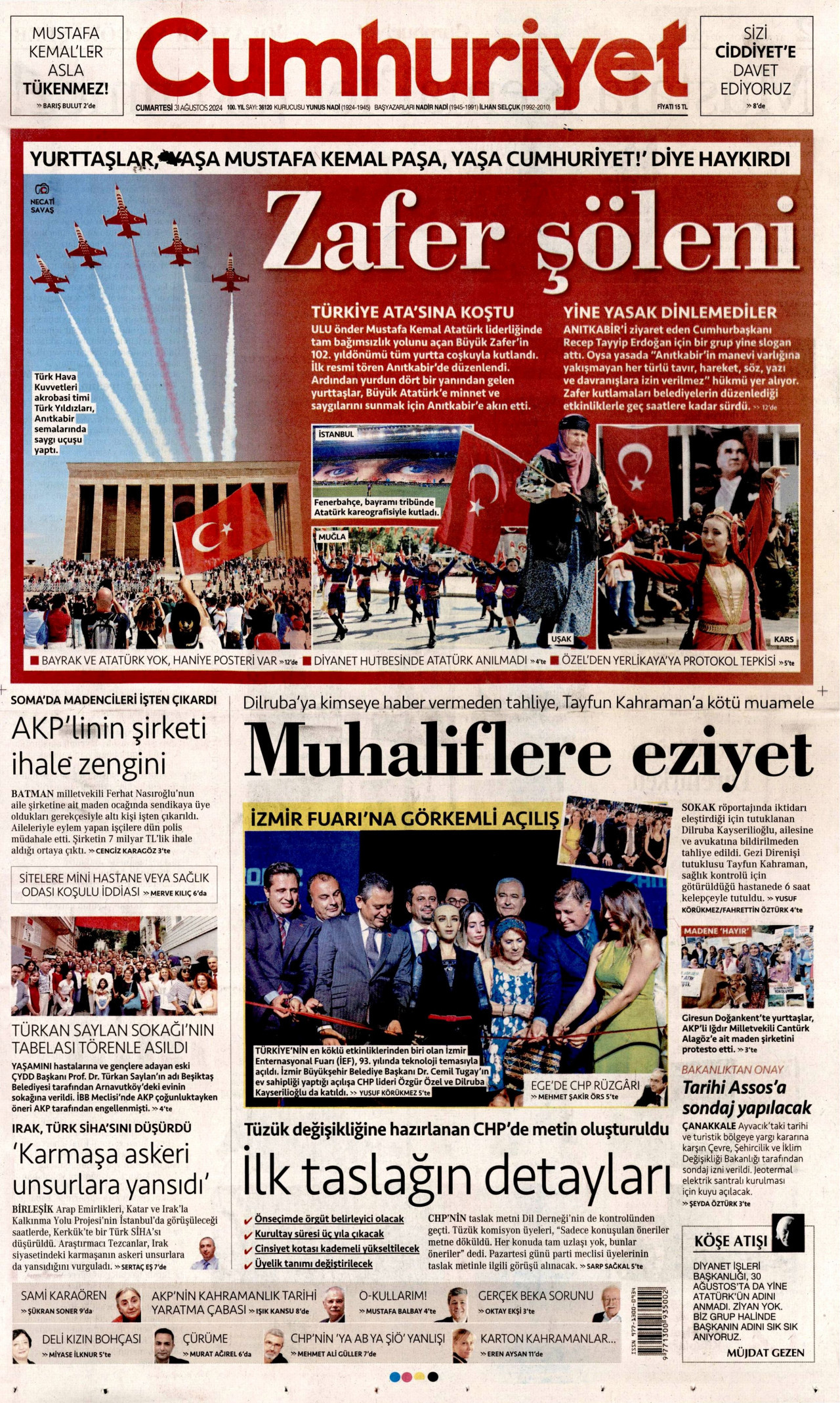 CUMHURİYET gazetesinin 31 Ağustos 2024 tarihli birinci sayfası