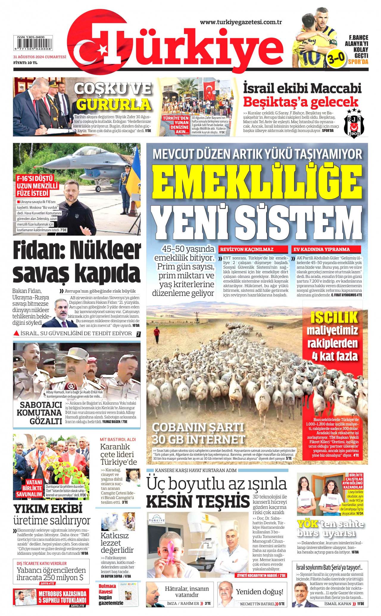 TÜRKİYE GAZETESİ gazetesinin 31 Ağustos 2024 tarihli birinci sayfası