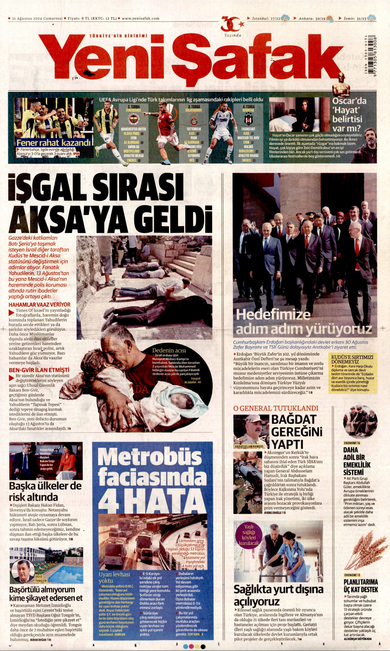 YENİ ŞAFAK gazetesinin 31 Ağustos 2024 tarihli birinci sayfası