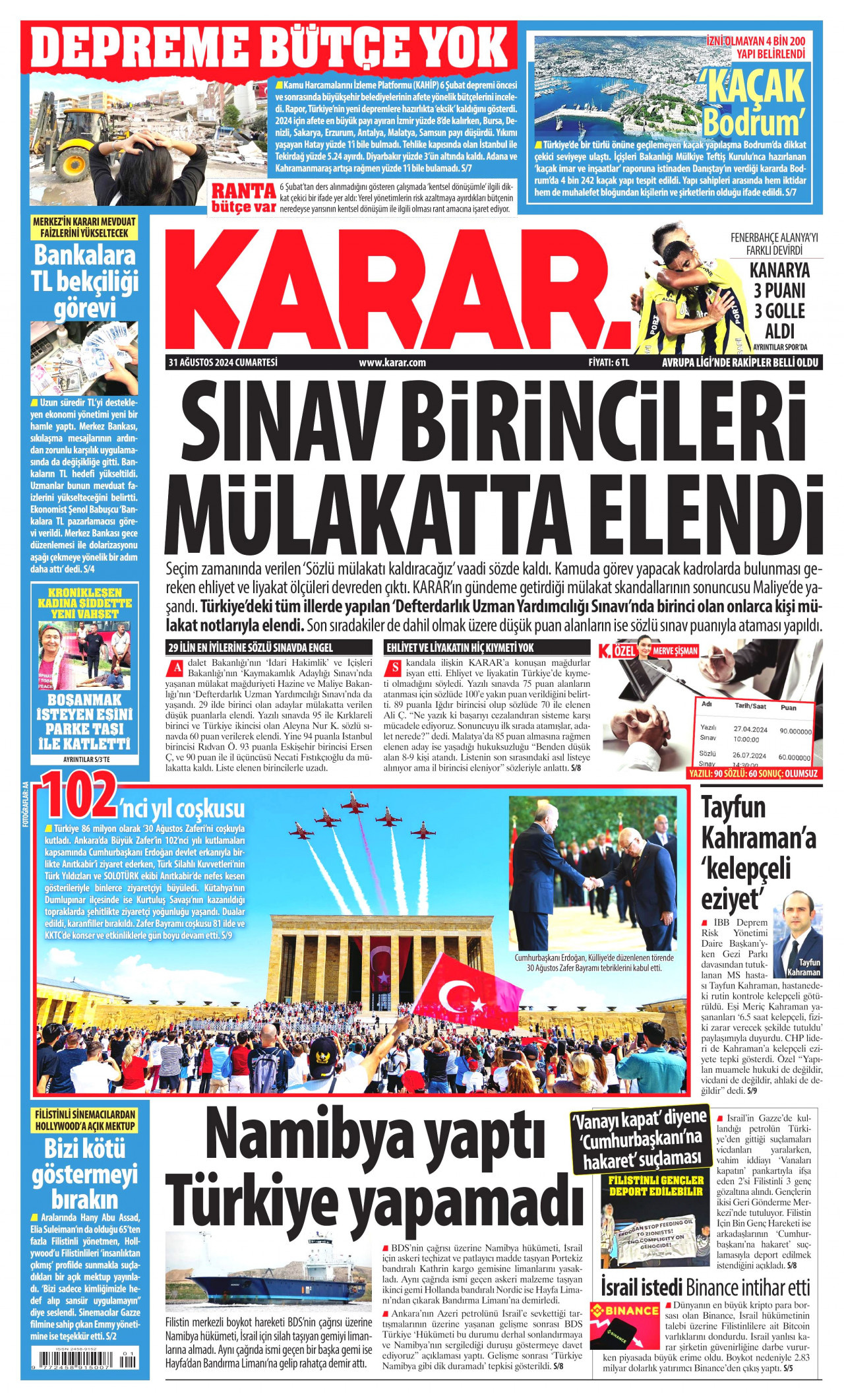 KARAR gazetesinin 31 Ağustos 2024 tarihli birinci sayfası