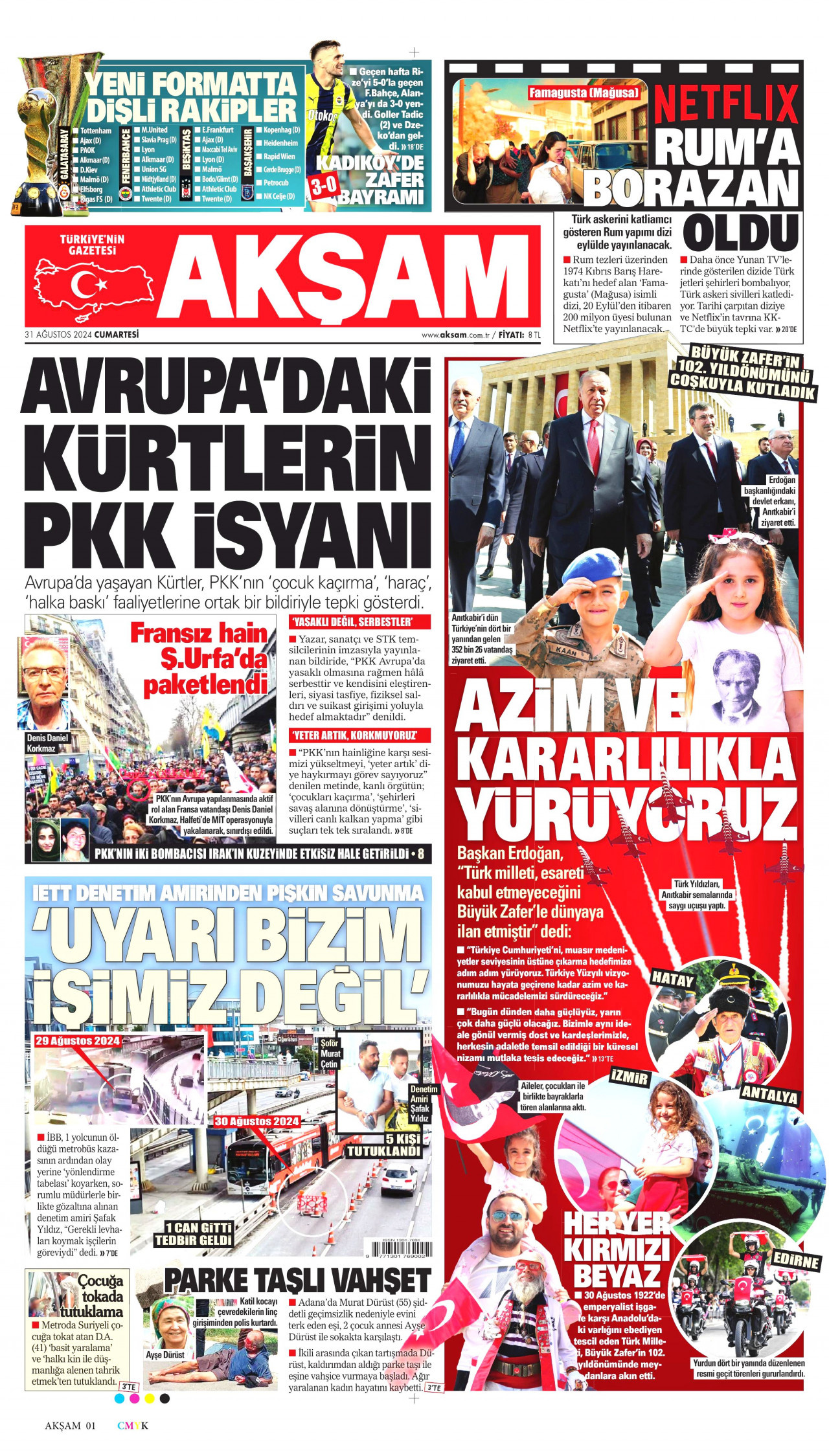 AKŞAM gazetesinin 31 Ağustos 2024 tarihli birinci sayfası