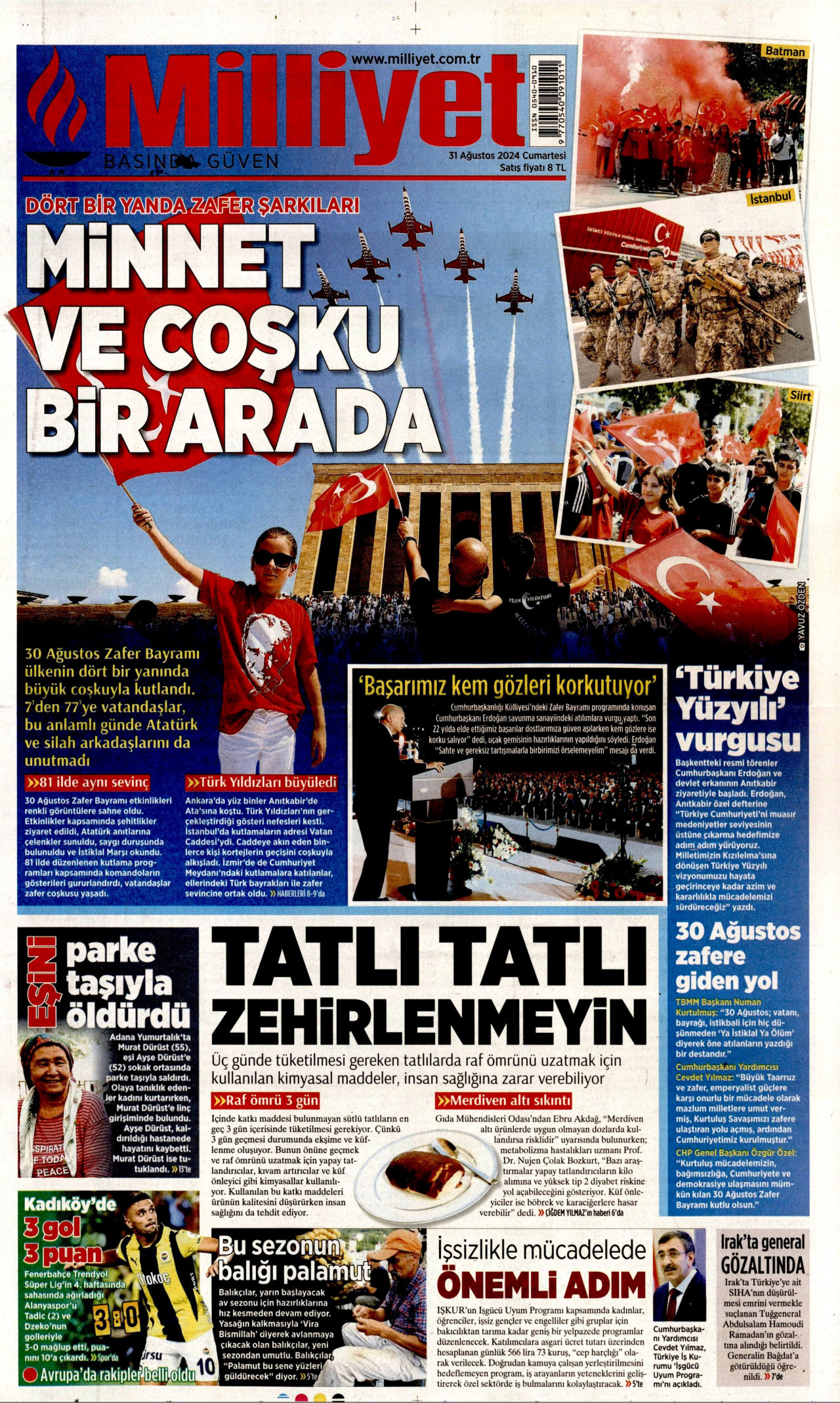 MİLLİYET gazetesinin 31 Ağustos 2024 tarihli birinci sayfası