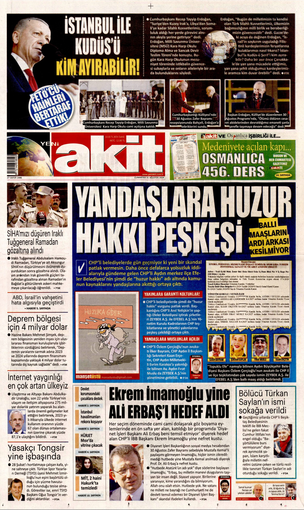 YENİ AKİT gazetesinin 31 Ağustos 2024 tarihli birinci sayfası