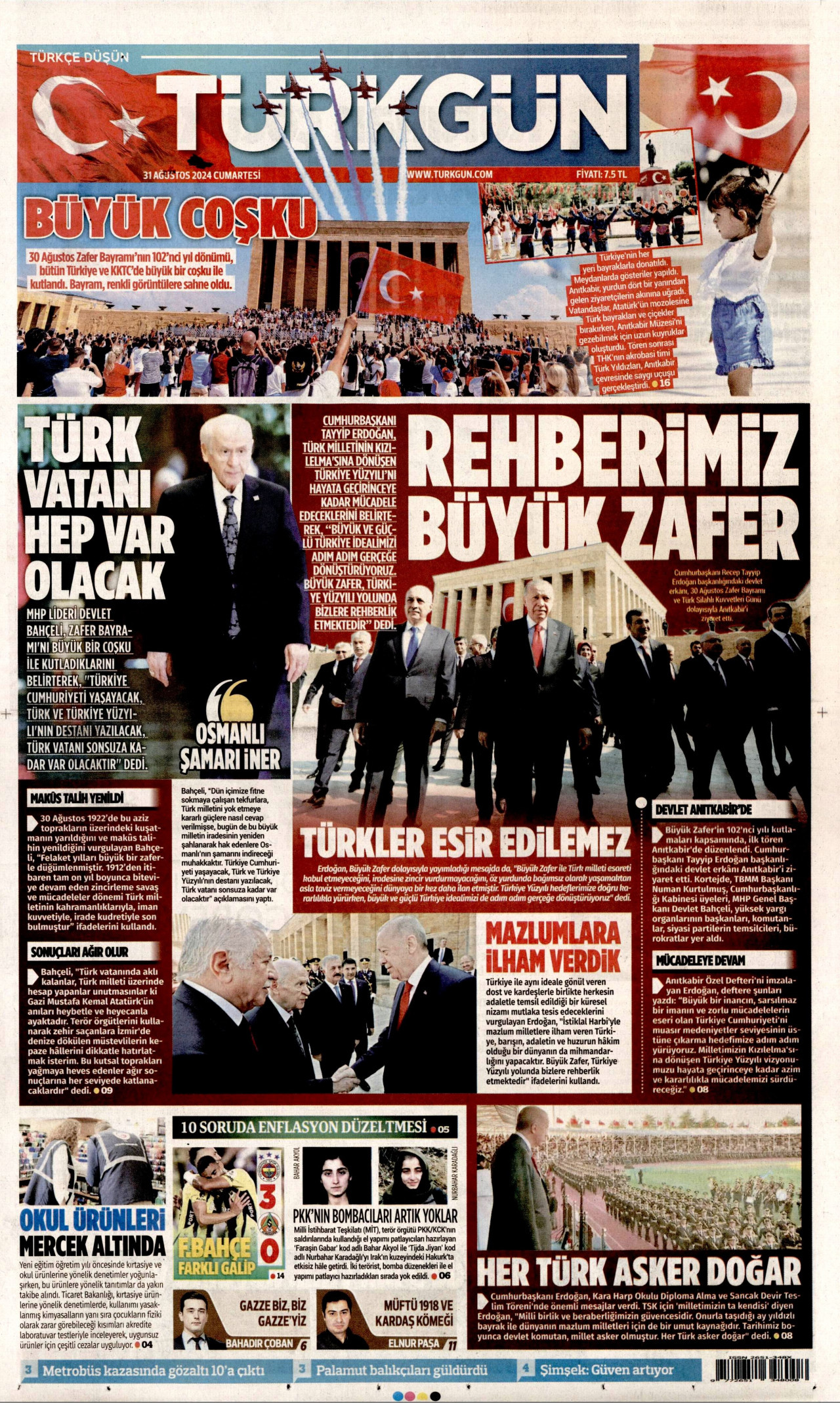 TÜRKGÜN gazetesinin 31 Ağustos 2024 tarihli birinci sayfası