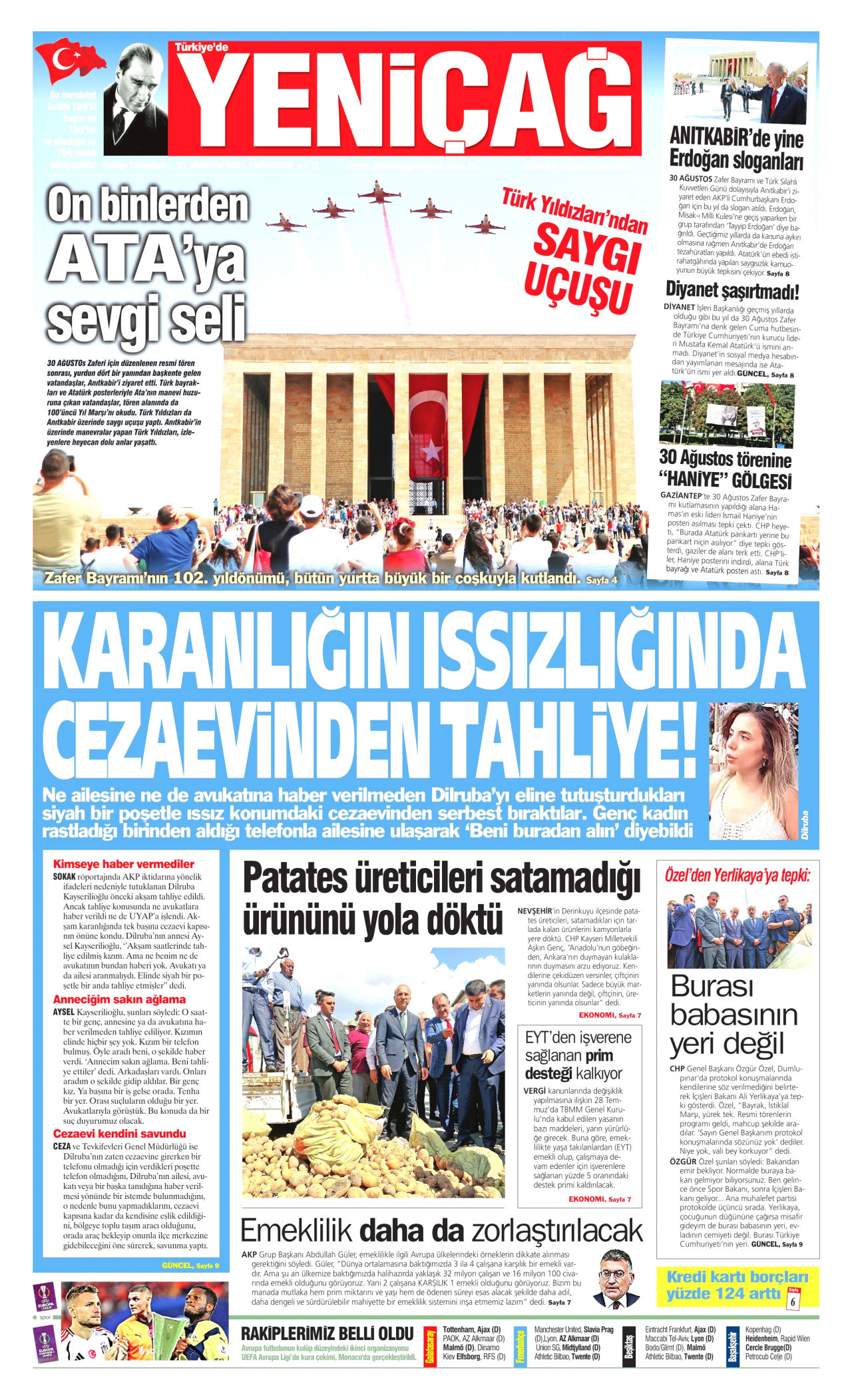 YENİÇAĞ gazetesinin 31 Ağustos 2024 tarihli birinci sayfası