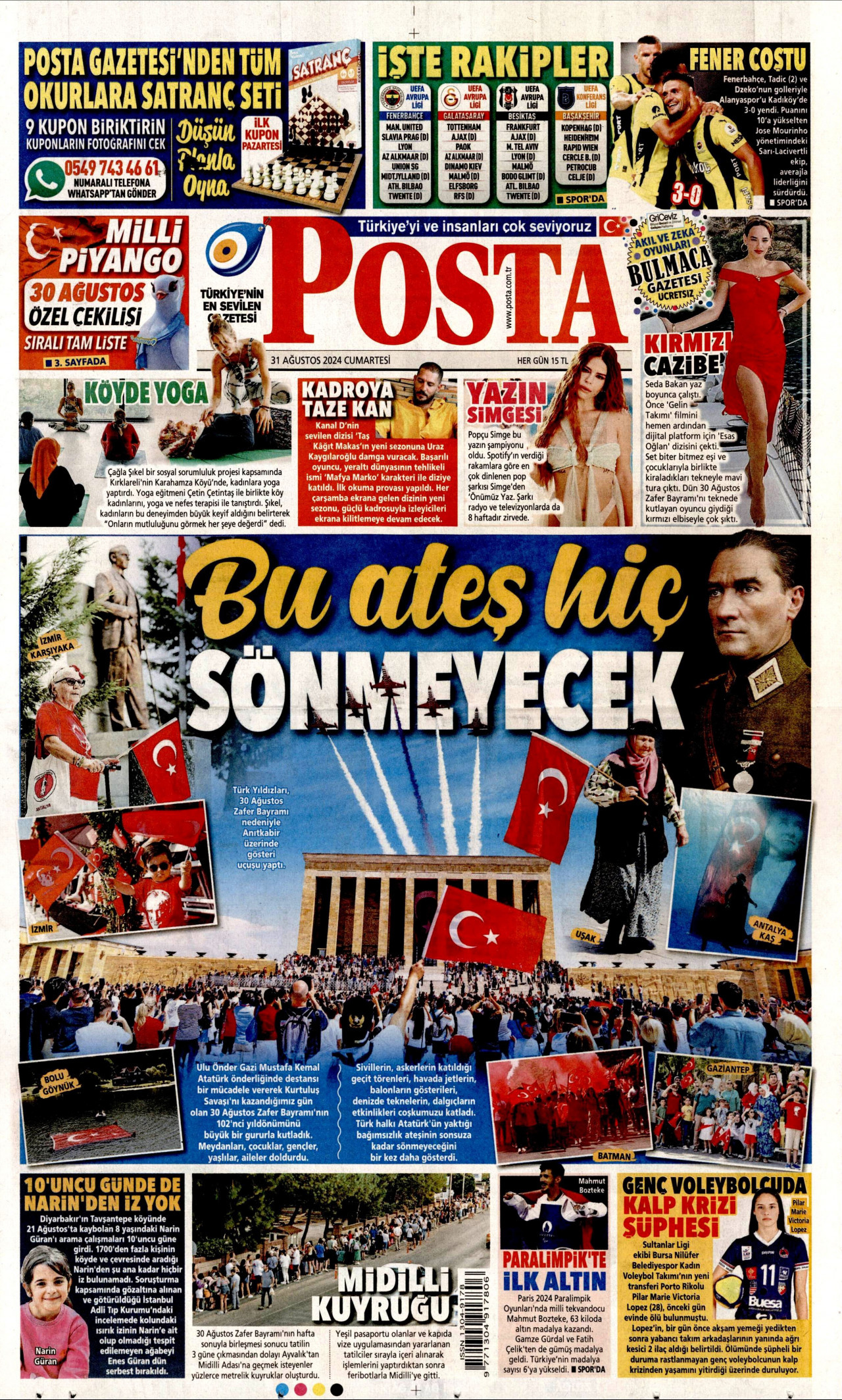 POSTA gazetesinin 31 Ağustos 2024 tarihli birinci sayfası