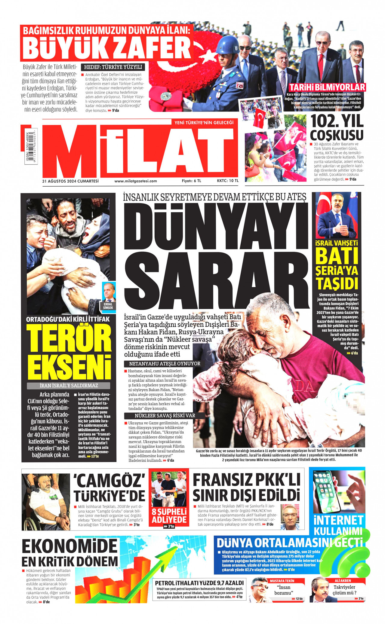 MİLAT gazetesinin 31 Ağustos 2024 tarihli birinci sayfası