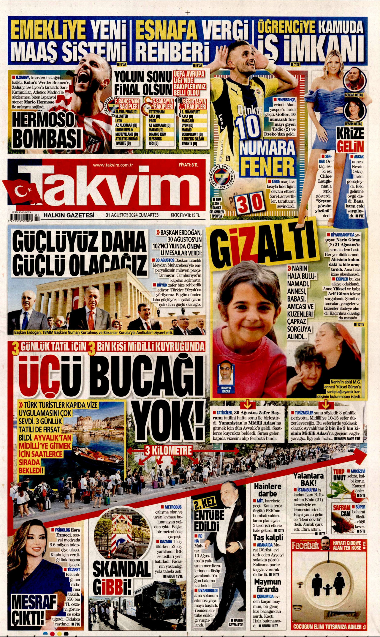 TAKVİM gazetesinin 31 Ağustos 2024 tarihli birinci sayfası
