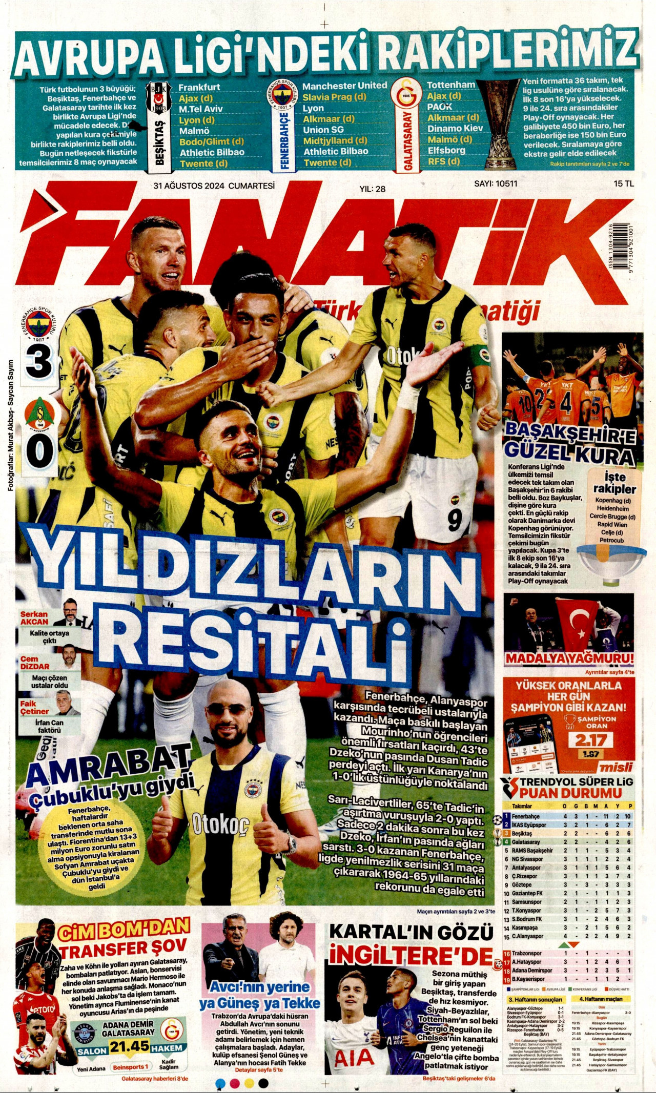 FANATİK gazetesinin 31 Ağustos 2024 tarihli birinci sayfası