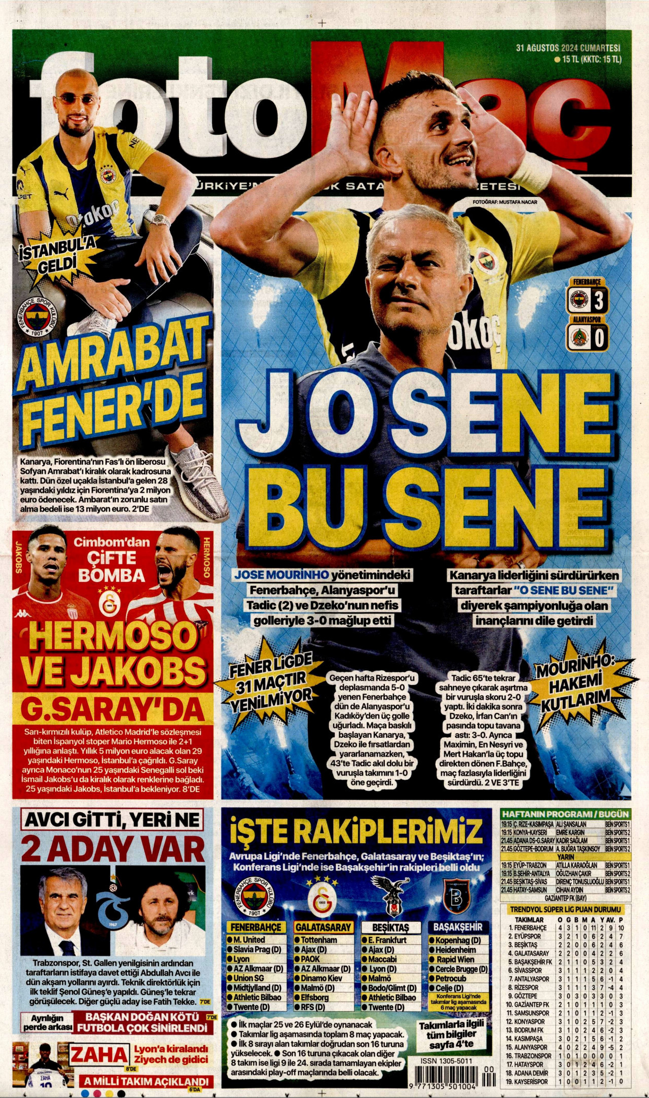 FOTOMAÇ gazetesinin 31 Ağustos 2024 tarihli birinci sayfası
