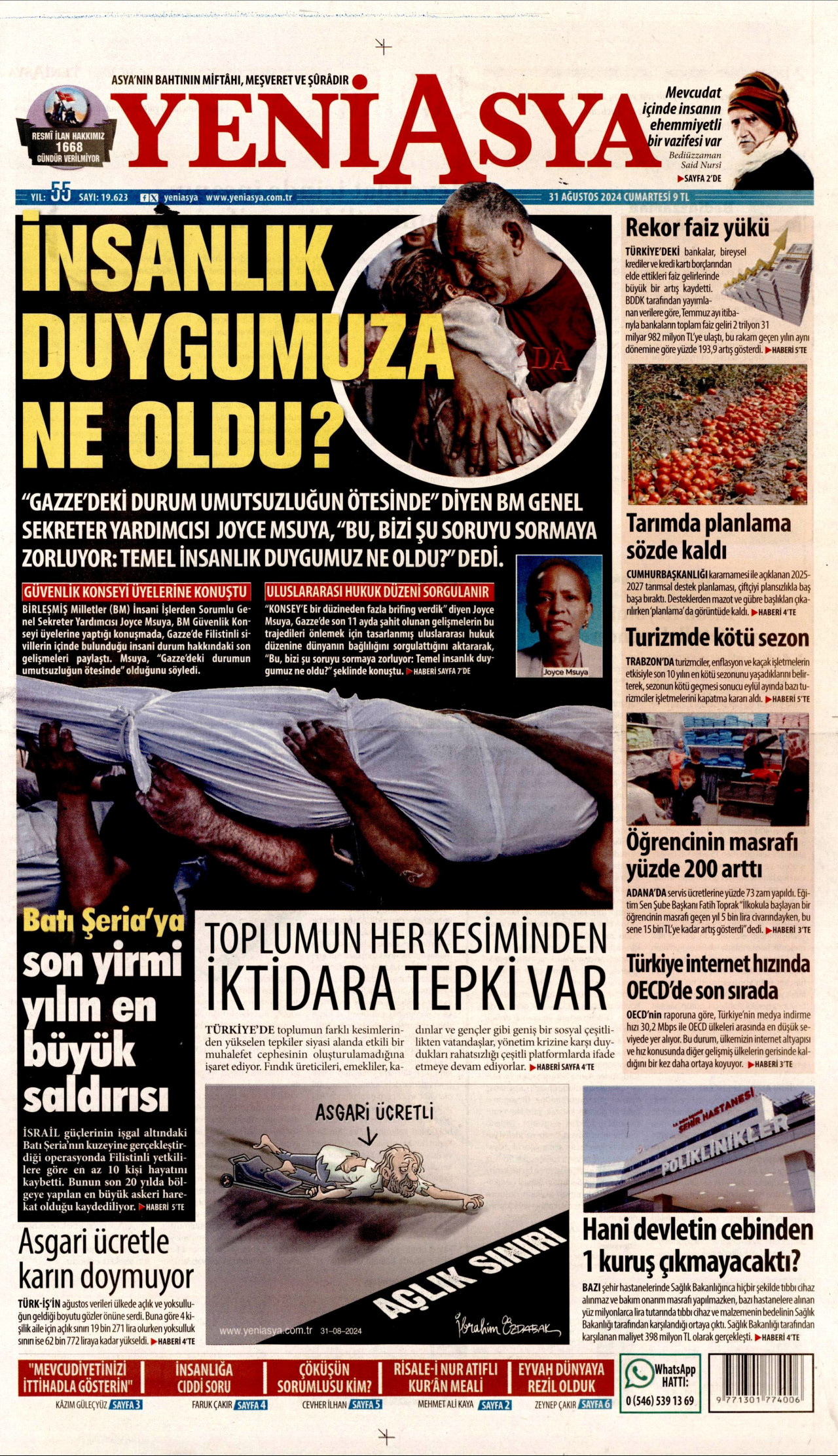 YENİ ASYA gazetesinin 31 Ağustos 2024 tarihli birinci sayfası