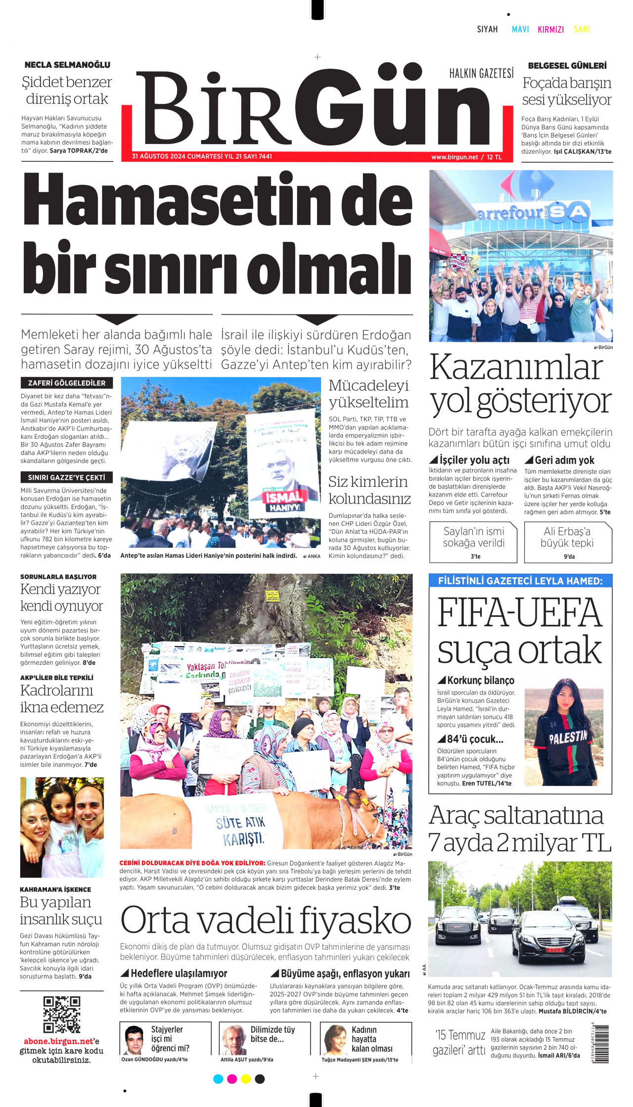 BİRGÜN gazetesinin 31 Ağustos 2024 tarihli birinci sayfası