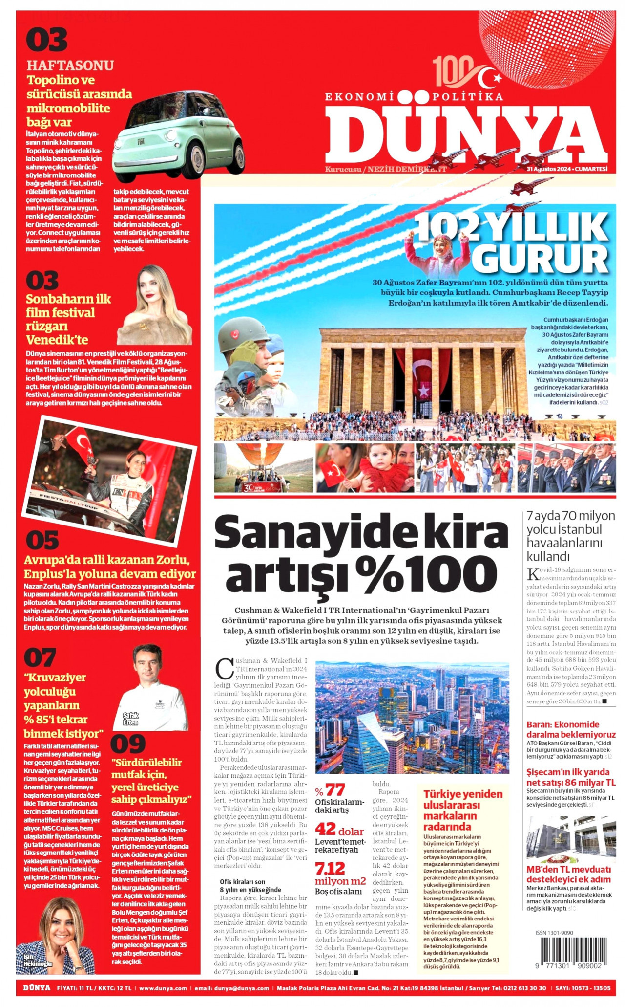 DÜNYA gazetesinin 31 Ağustos 2024 tarihli birinci sayfası