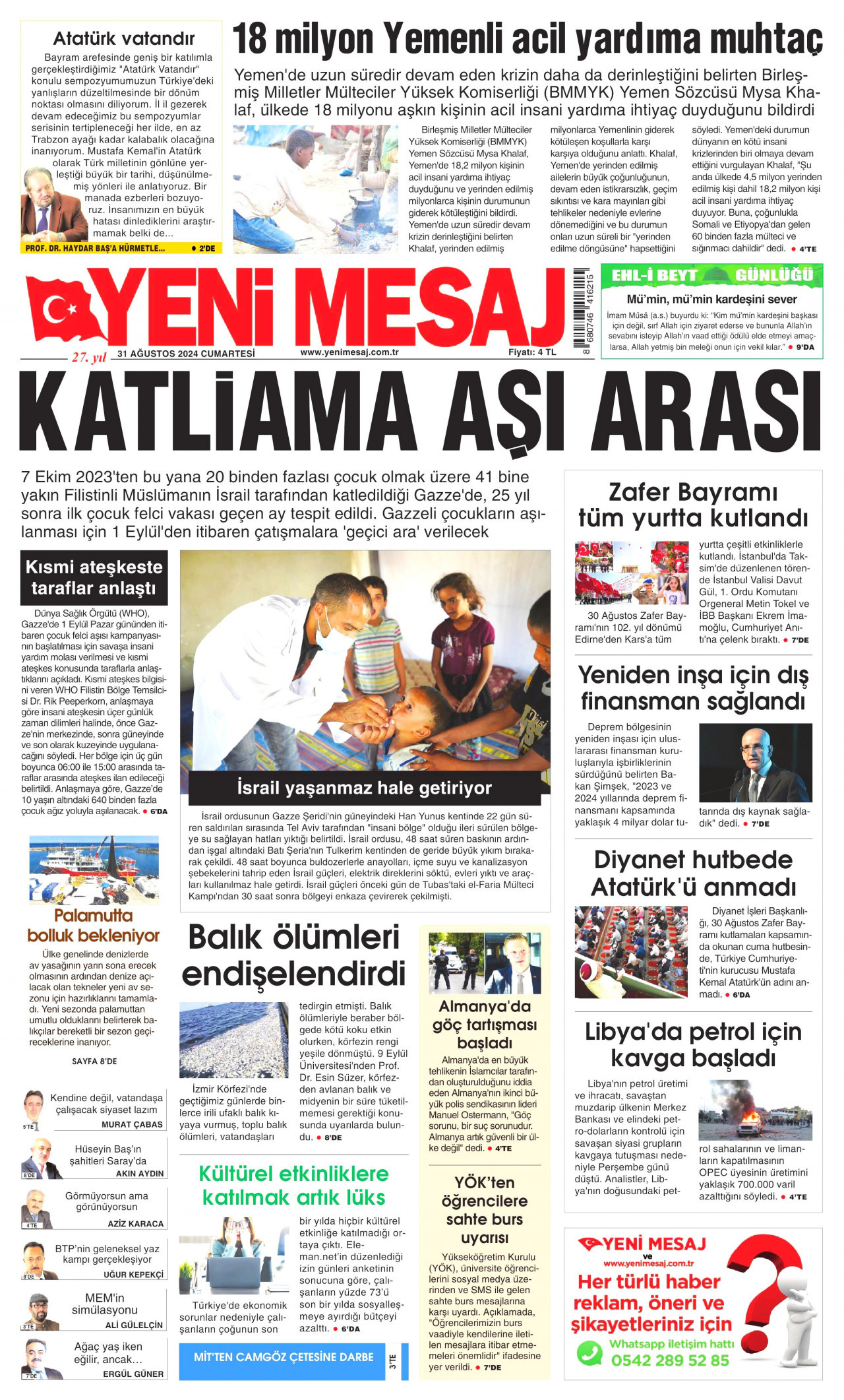 YENİ MESAJ gazetesinin 31 Ağustos 2024 tarihli birinci sayfası