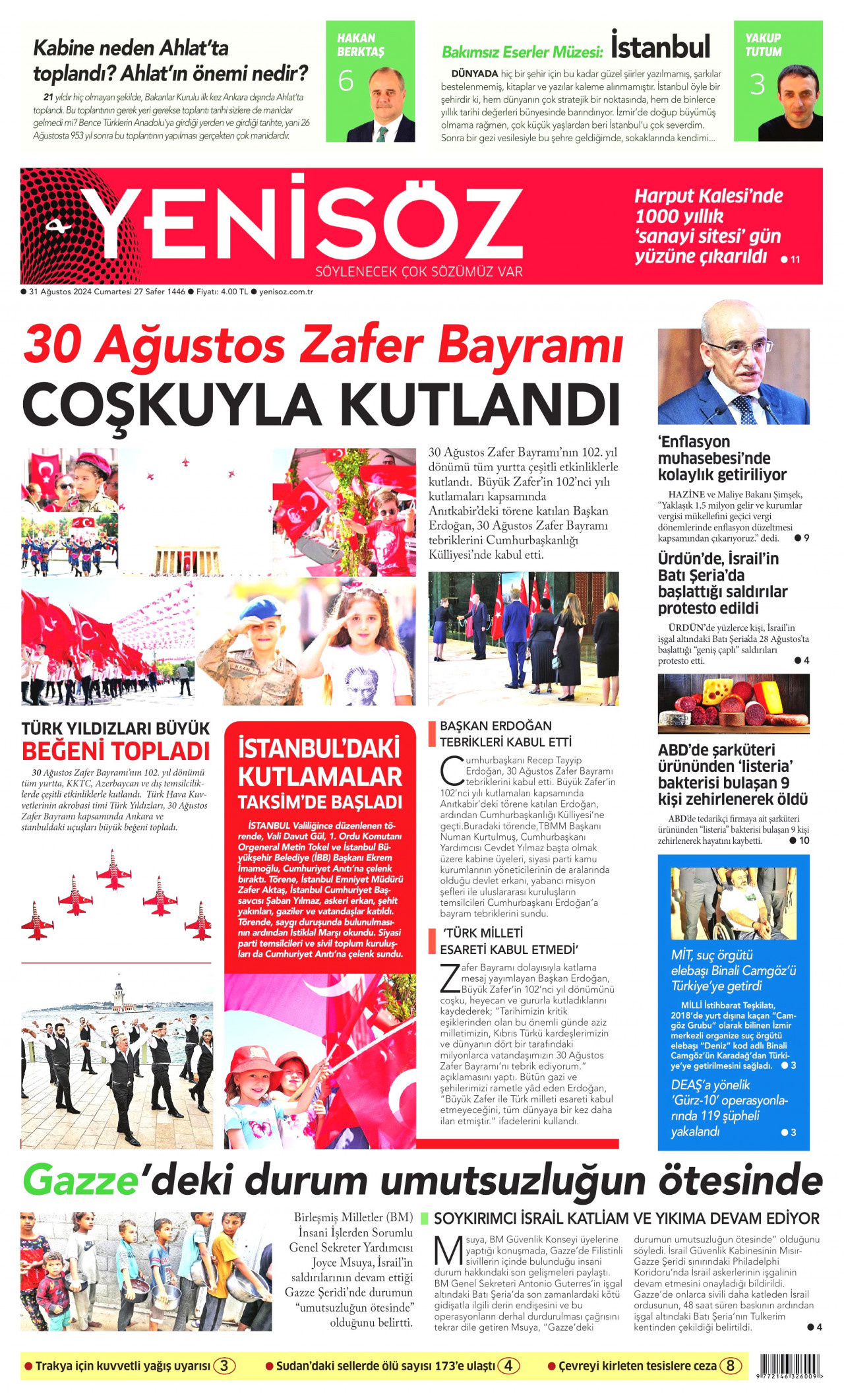 YENİ SÖZ GAZETESİ gazetesinin 31 Ağustos 2024 tarihli birinci sayfası