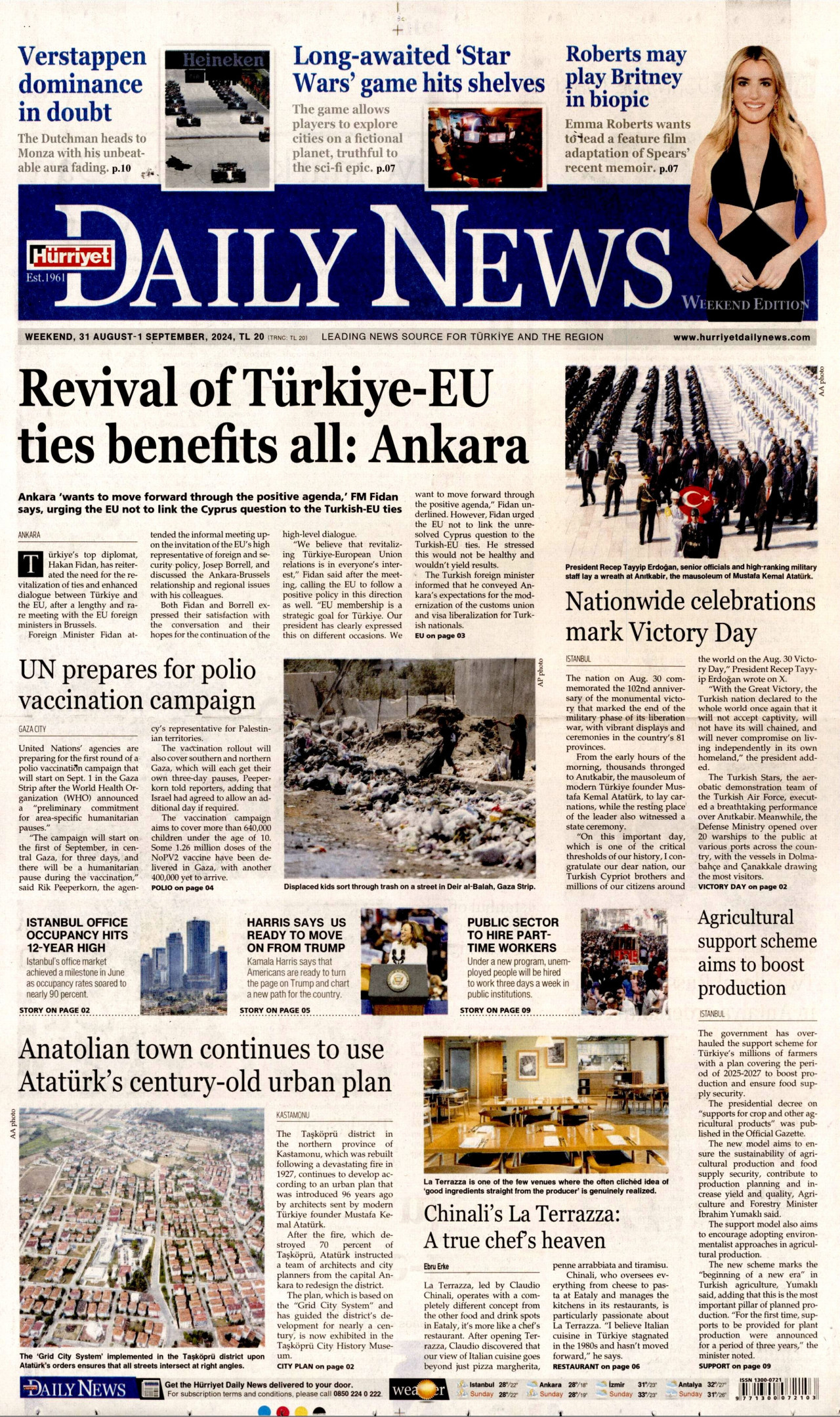 HÜRRİYET DAİLY NEWS gazetesinin 31 Ağustos 2024 tarihli birinci sayfası