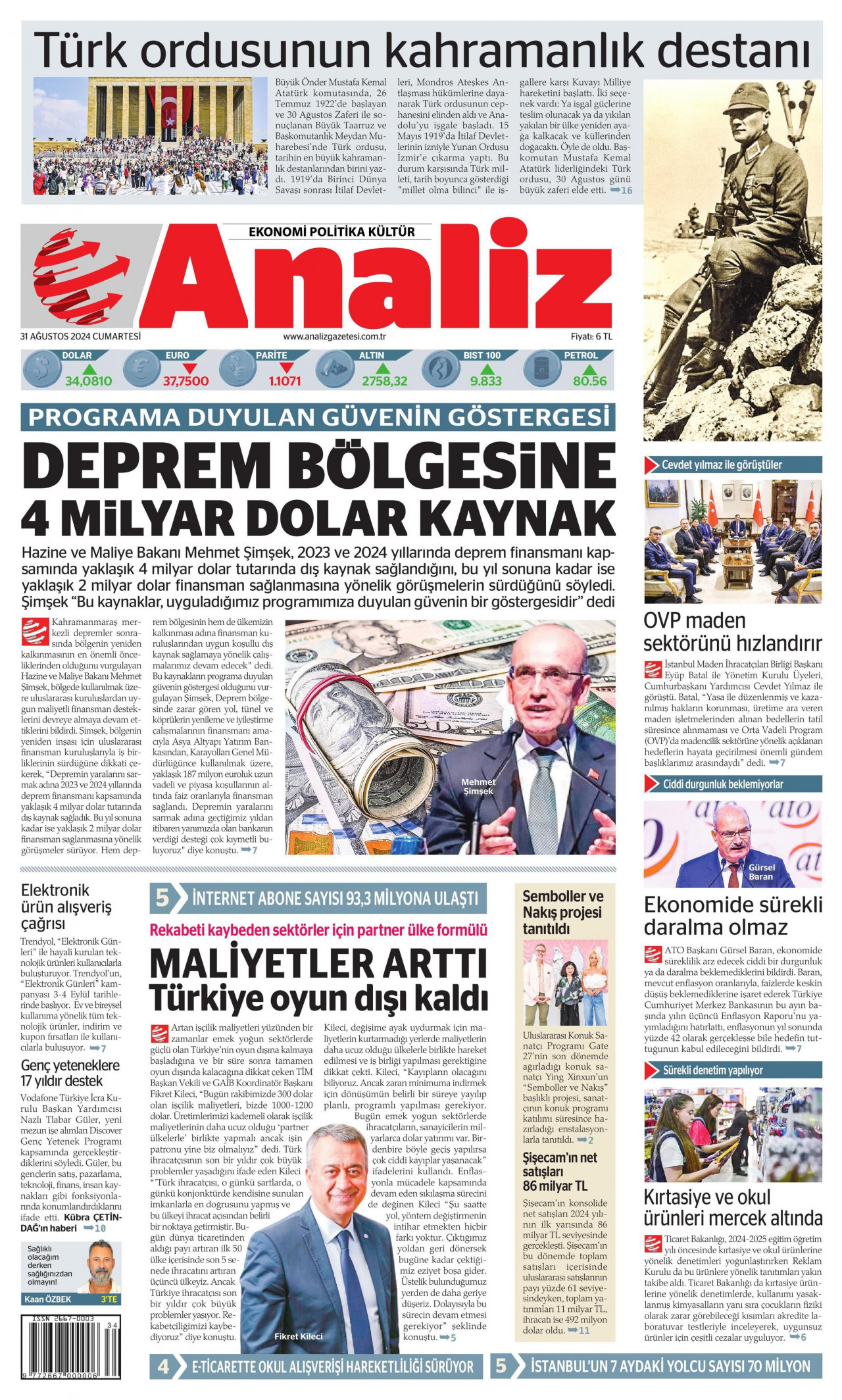 ANALİZ gazetesinin 31 Ağustos 2024 tarihli birinci sayfası