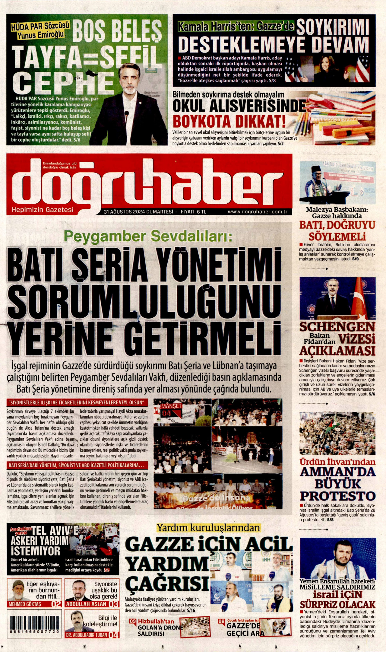 DOĞRU HABER gazetesinin 31 Ağustos 2024 tarihli birinci sayfası