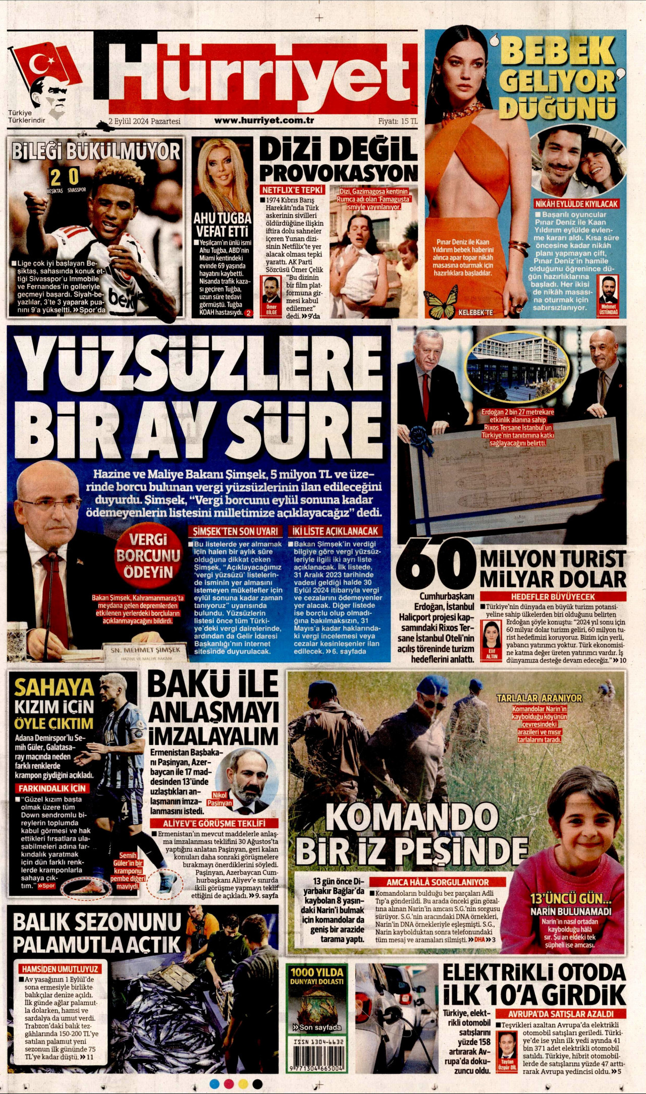 HÜRRİYET gazetesinin 2 Eylül 2024 tarihli birinci sayfası