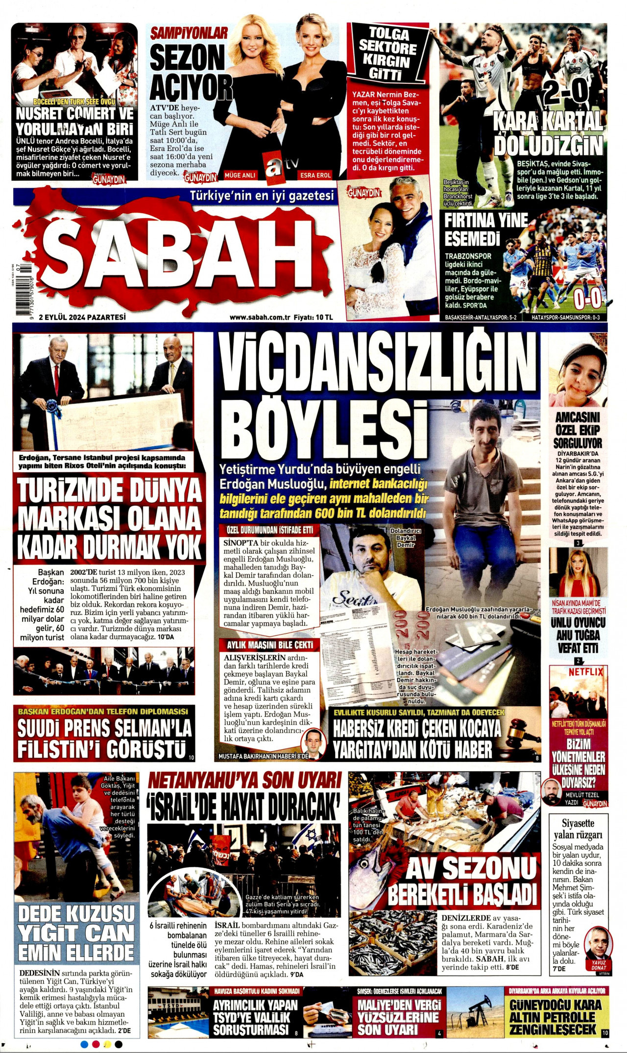SABAH gazetesinin 2 Eylül 2024 tarihli birinci sayfası