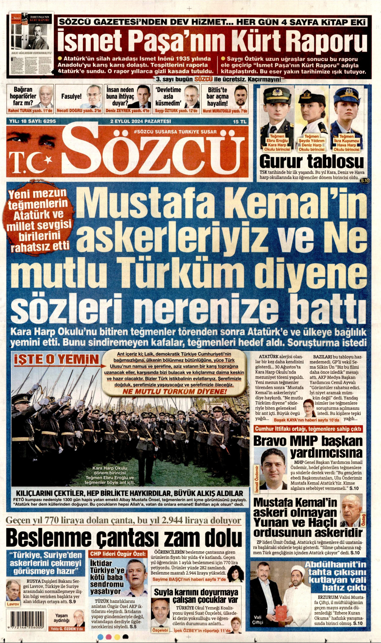 SÖZCÜ gazetesinin 2 Eylül 2024 tarihli birinci sayfası