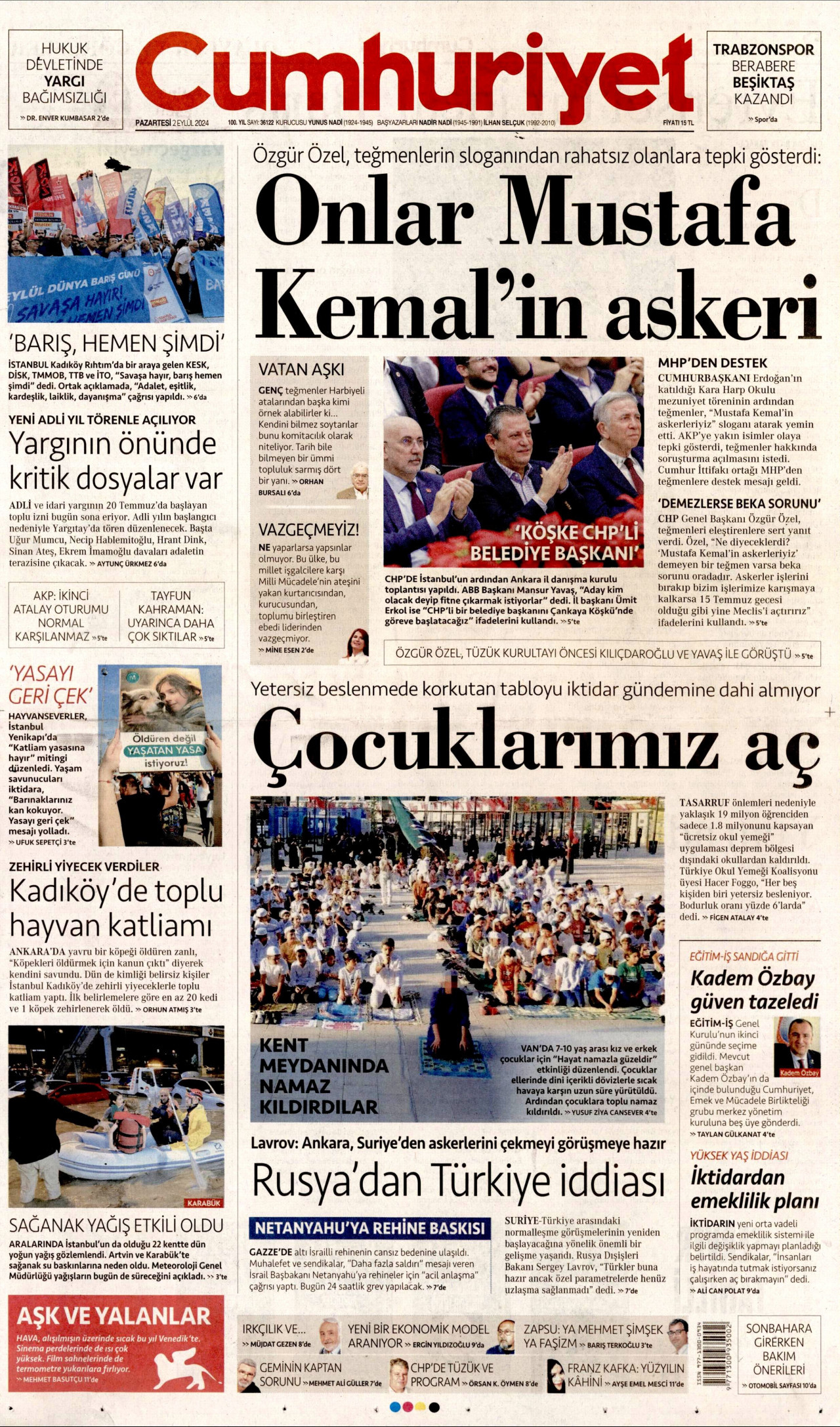 CUMHURİYET gazetesinin 2 Eylül 2024 tarihli birinci sayfası