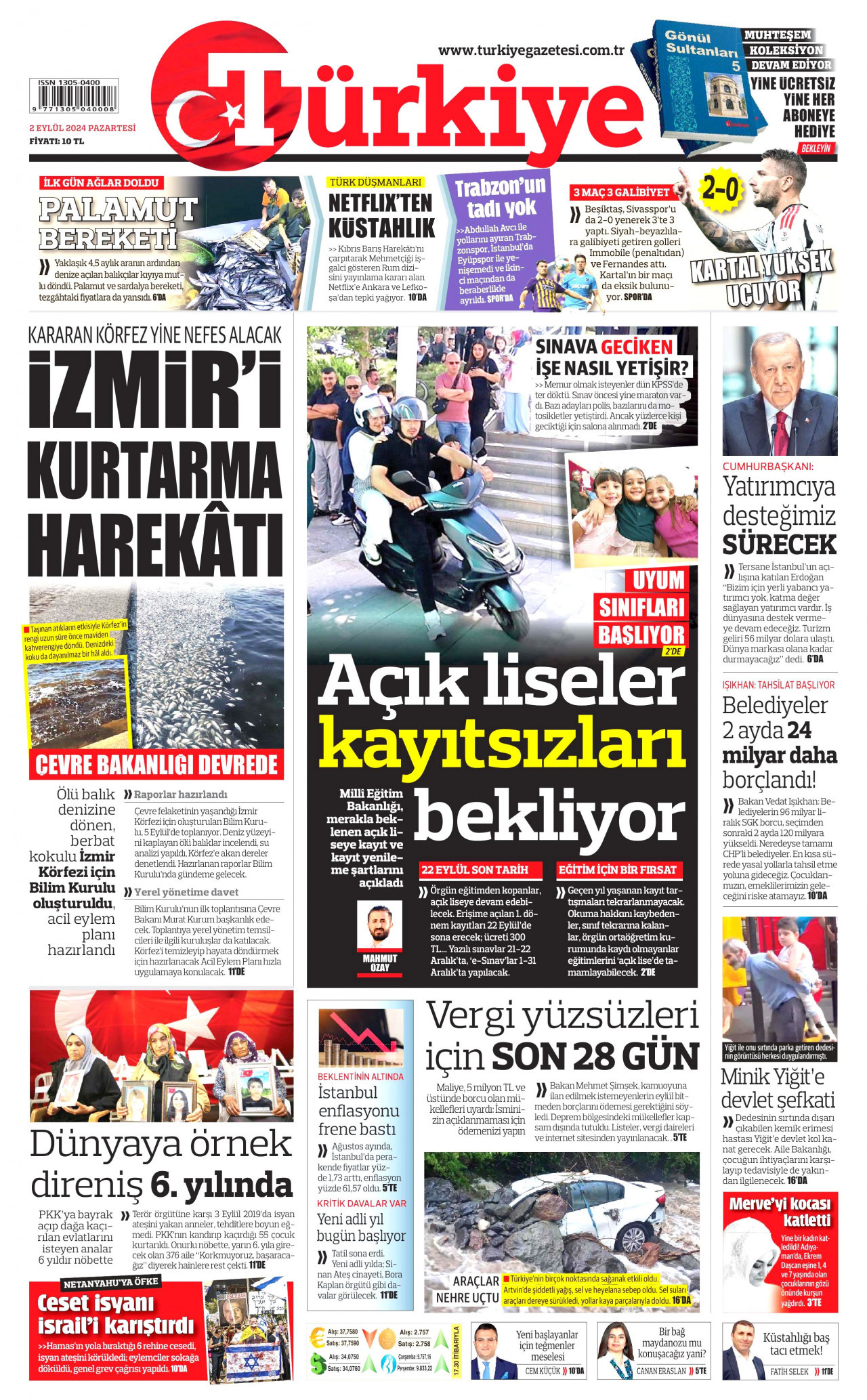 TÜRKİYE GAZETESİ gazetesinin 2 Eylül 2024 tarihli birinci sayfası