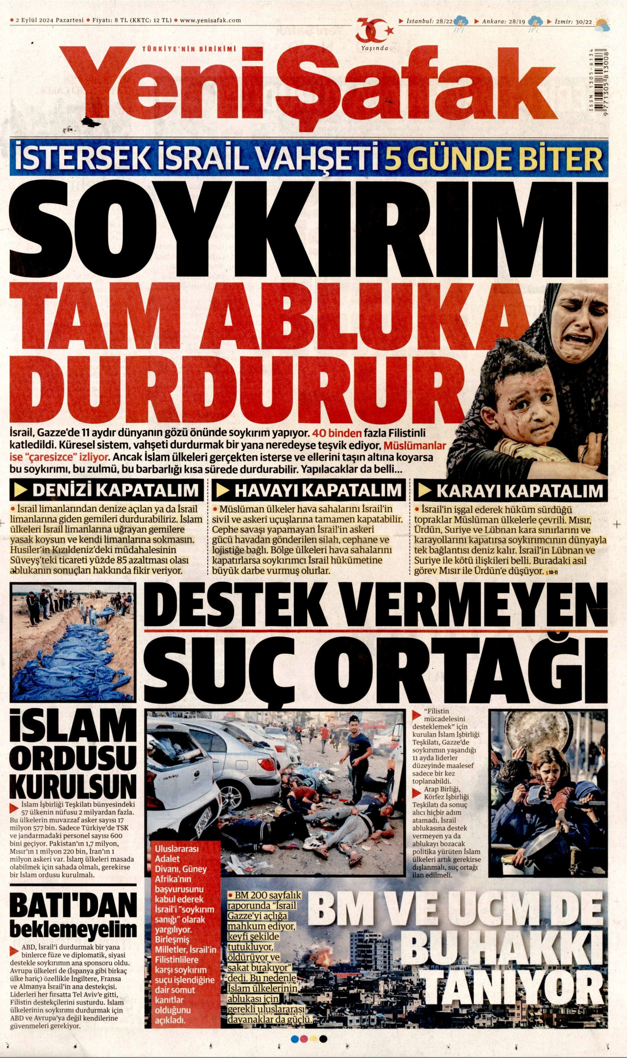 YENİ ŞAFAK gazetesinin 2 Eylül 2024 tarihli birinci sayfası