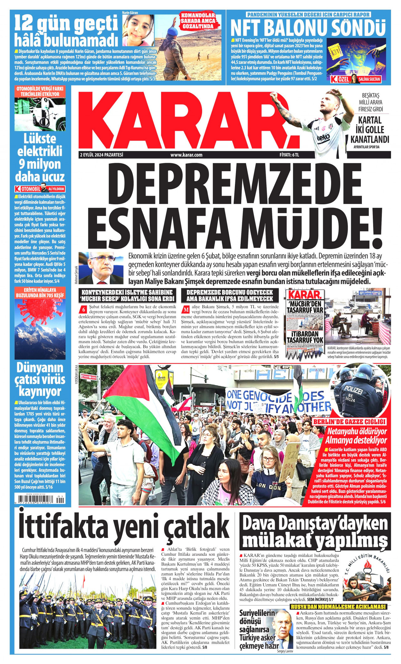 KARAR gazetesinin 2 Eylül 2024 tarihli birinci sayfası