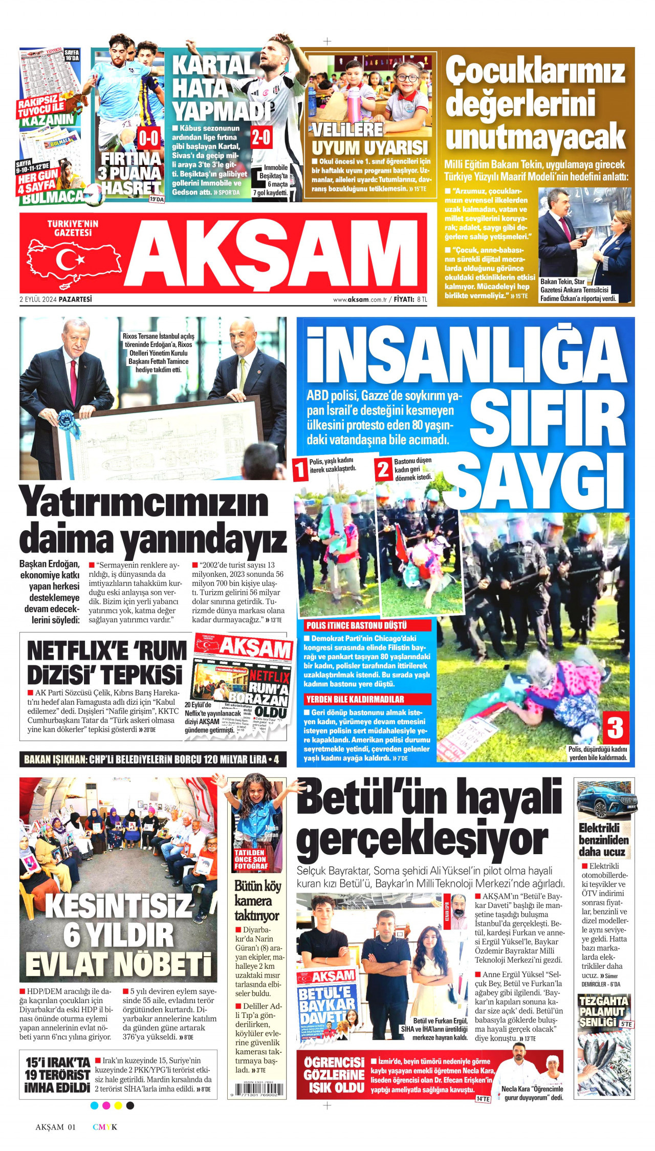 AKŞAM gazetesinin 2 Eylül 2024 tarihli birinci sayfası
