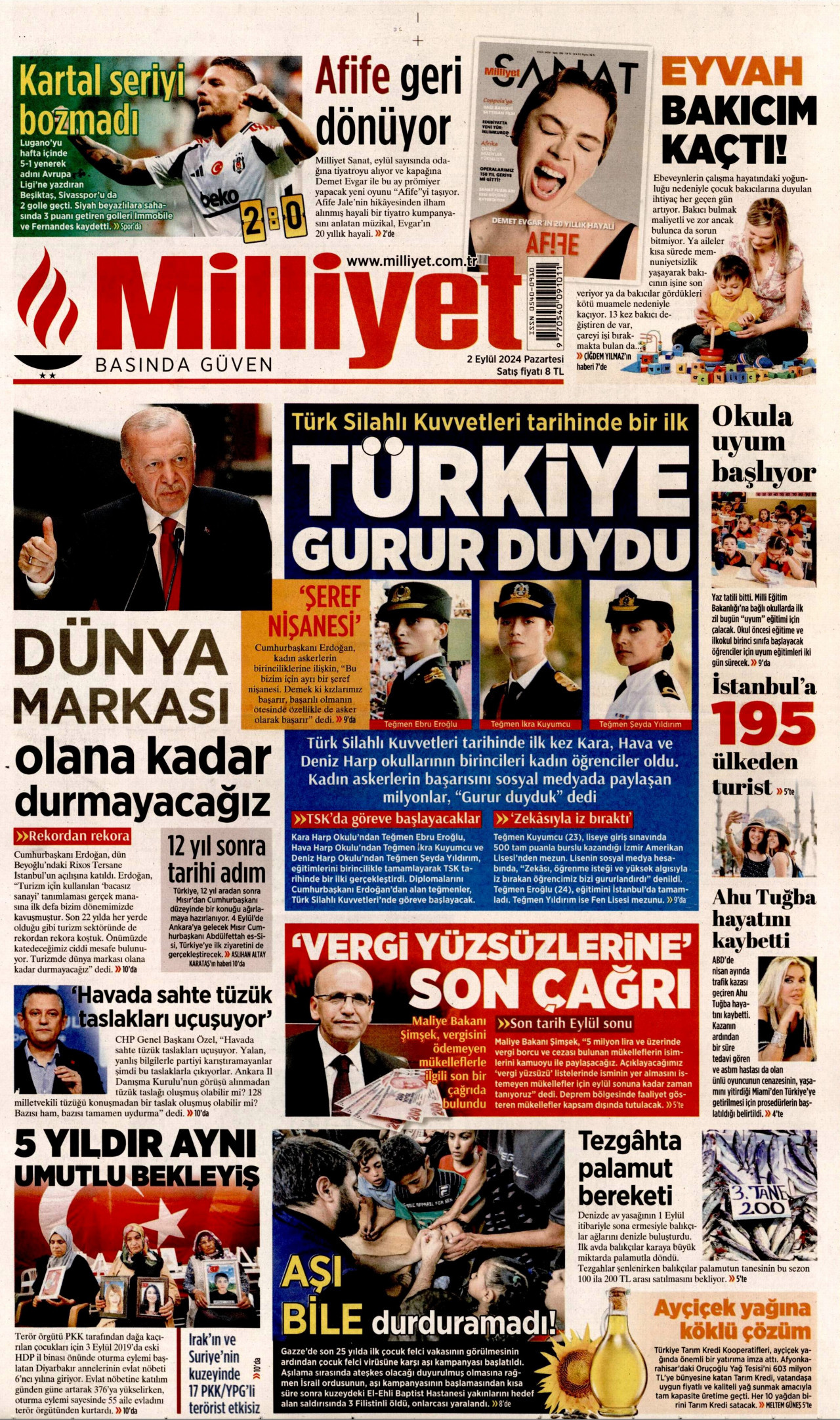 MİLLİYET gazetesinin 2 Eylül 2024 tarihli birinci sayfası