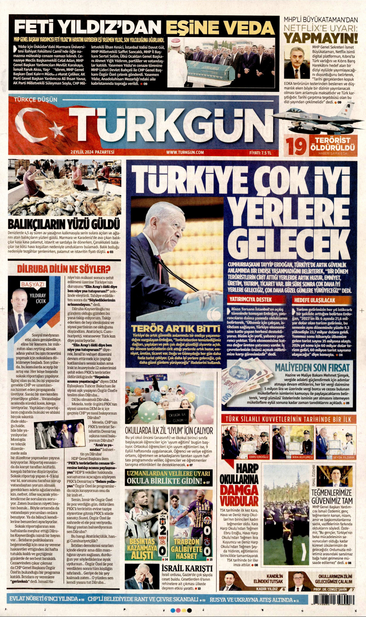 TÜRKGÜN gazetesinin 2 Eylül 2024 tarihli birinci sayfası