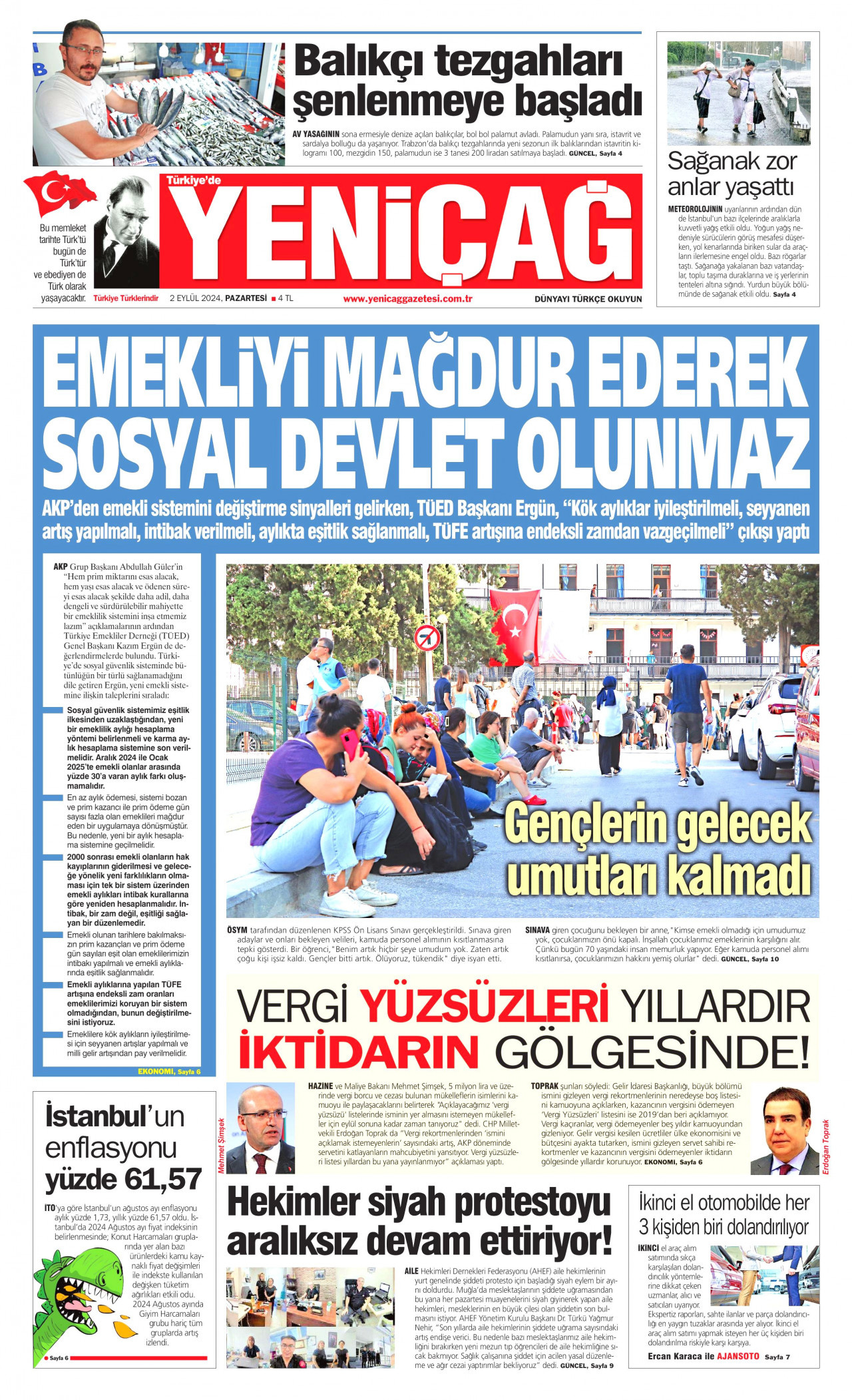 YENİÇAĞ gazetesinin 2 Eylül 2024 tarihli birinci sayfası
