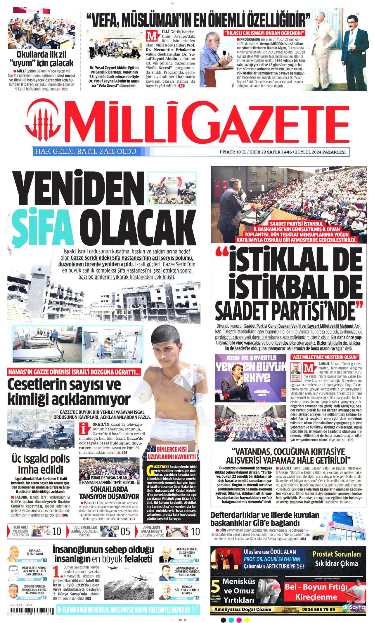 MİLLİ GAZETE gazetesinin 2 Eylül 2024 tarihli birinci sayfası