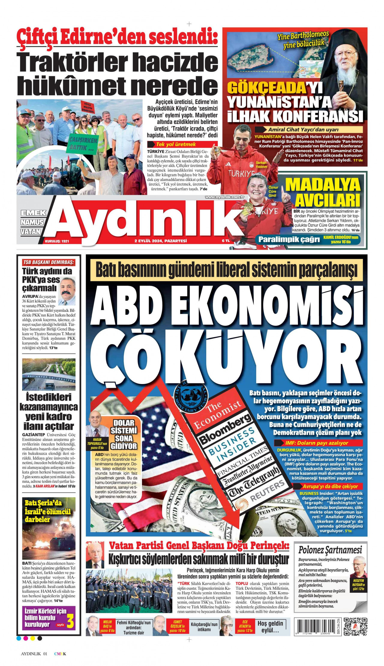 AYDINLIK GAZETESİ gazetesinin 2 Eylül 2024 tarihli birinci sayfası