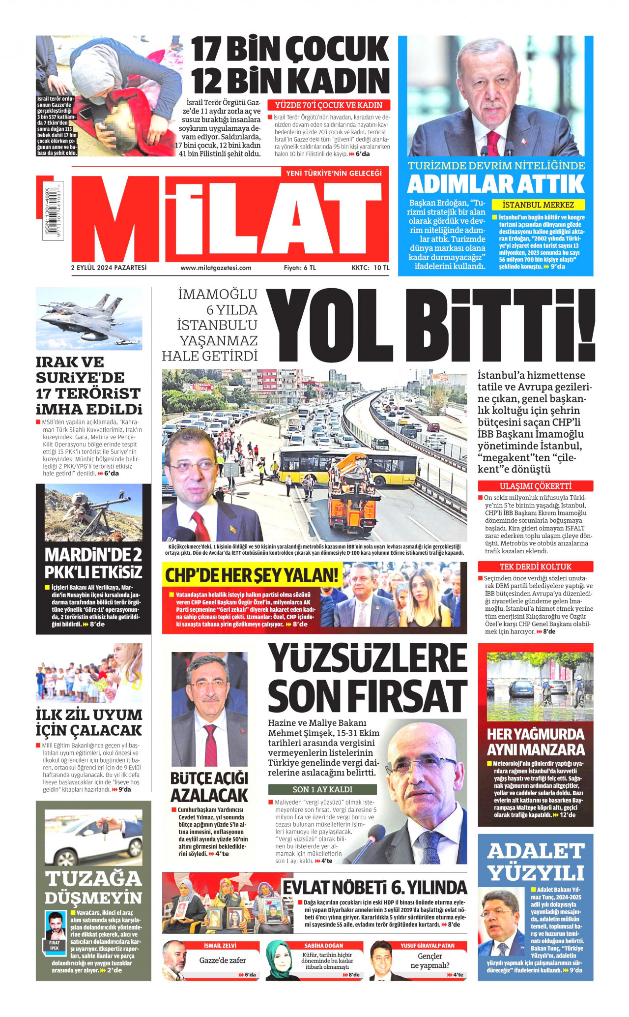 MİLAT gazetesinin 2 Eylül 2024 tarihli birinci sayfası