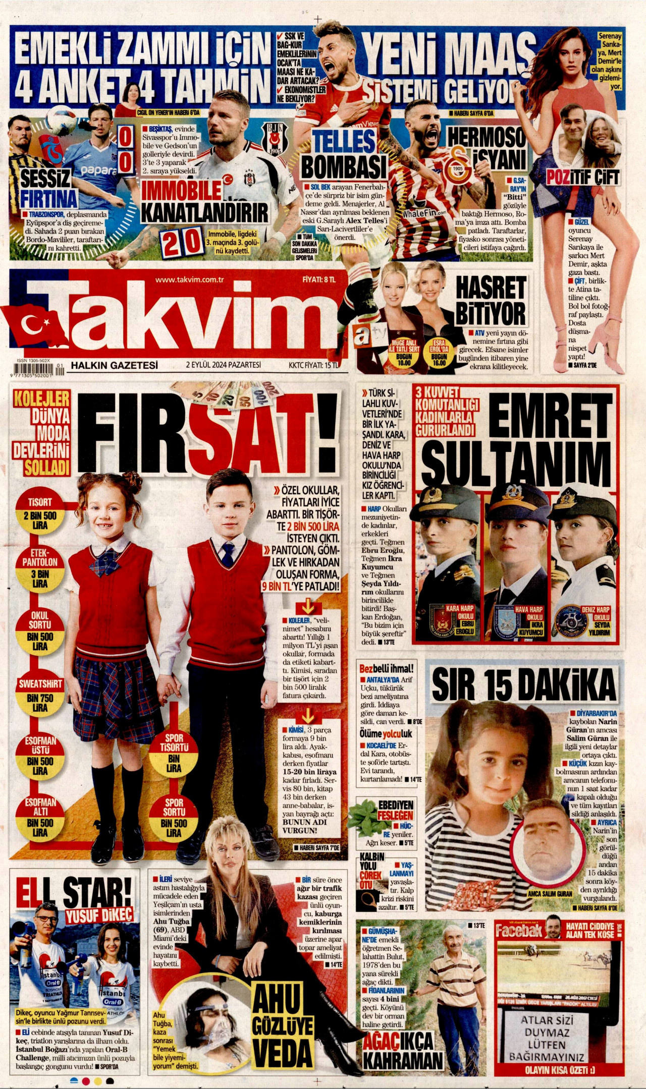 TAKVİM gazetesinin 2 Eylül 2024 tarihli birinci sayfası