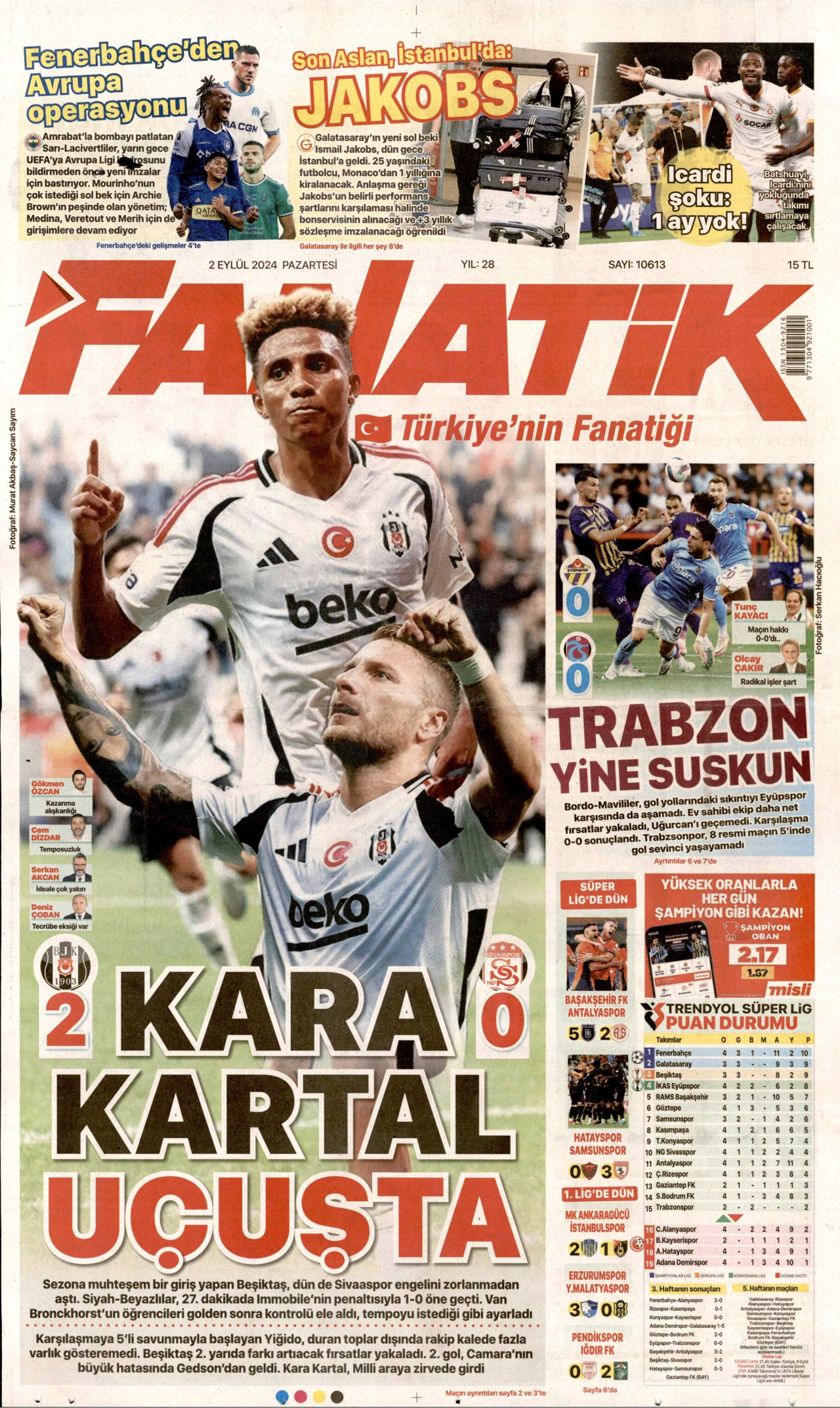 FANATİK gazetesinin 2 Eylül 2024 tarihli birinci sayfası