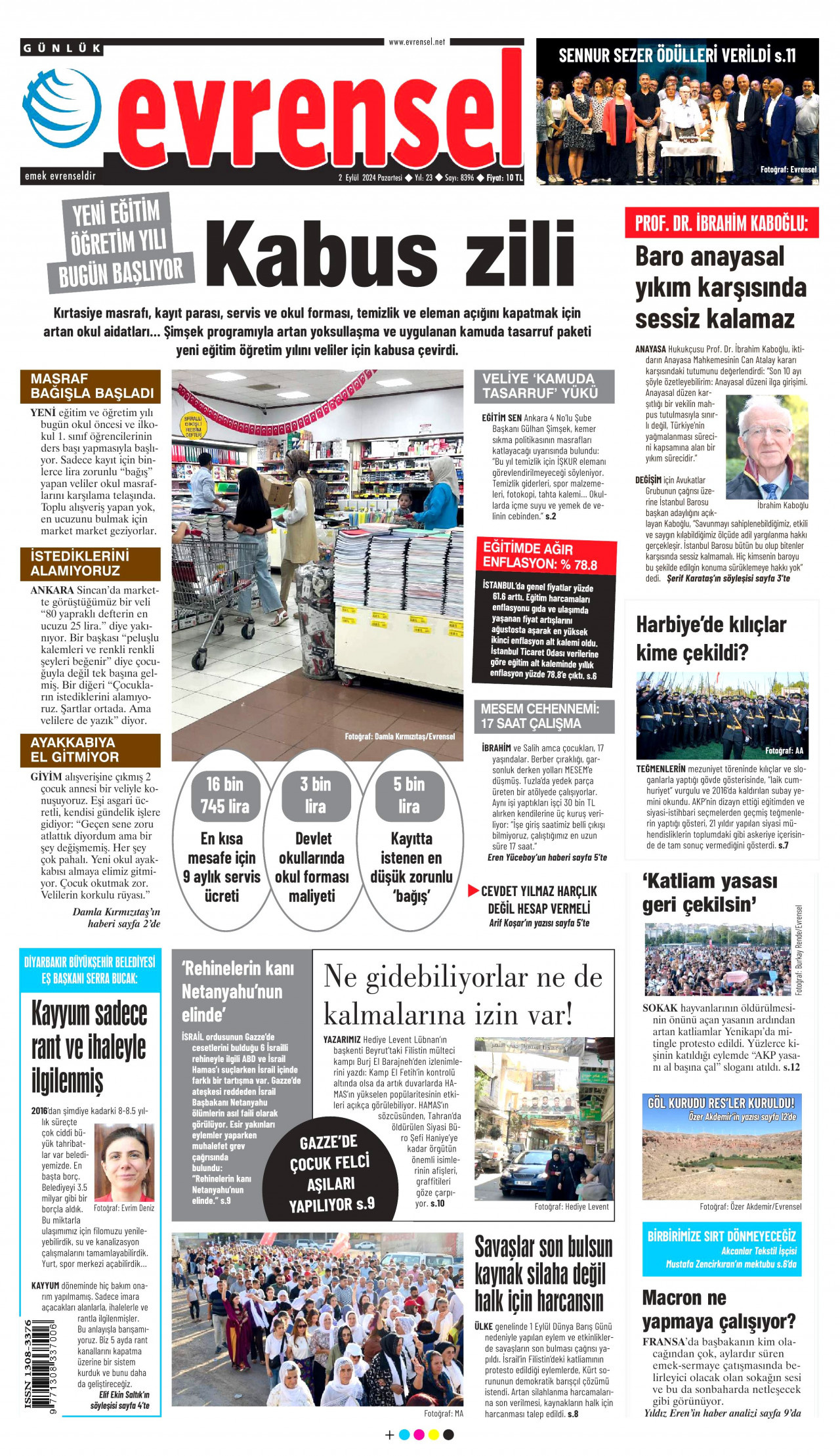 EVRENSEL gazetesinin 2 Eylül 2024 tarihli birinci sayfası