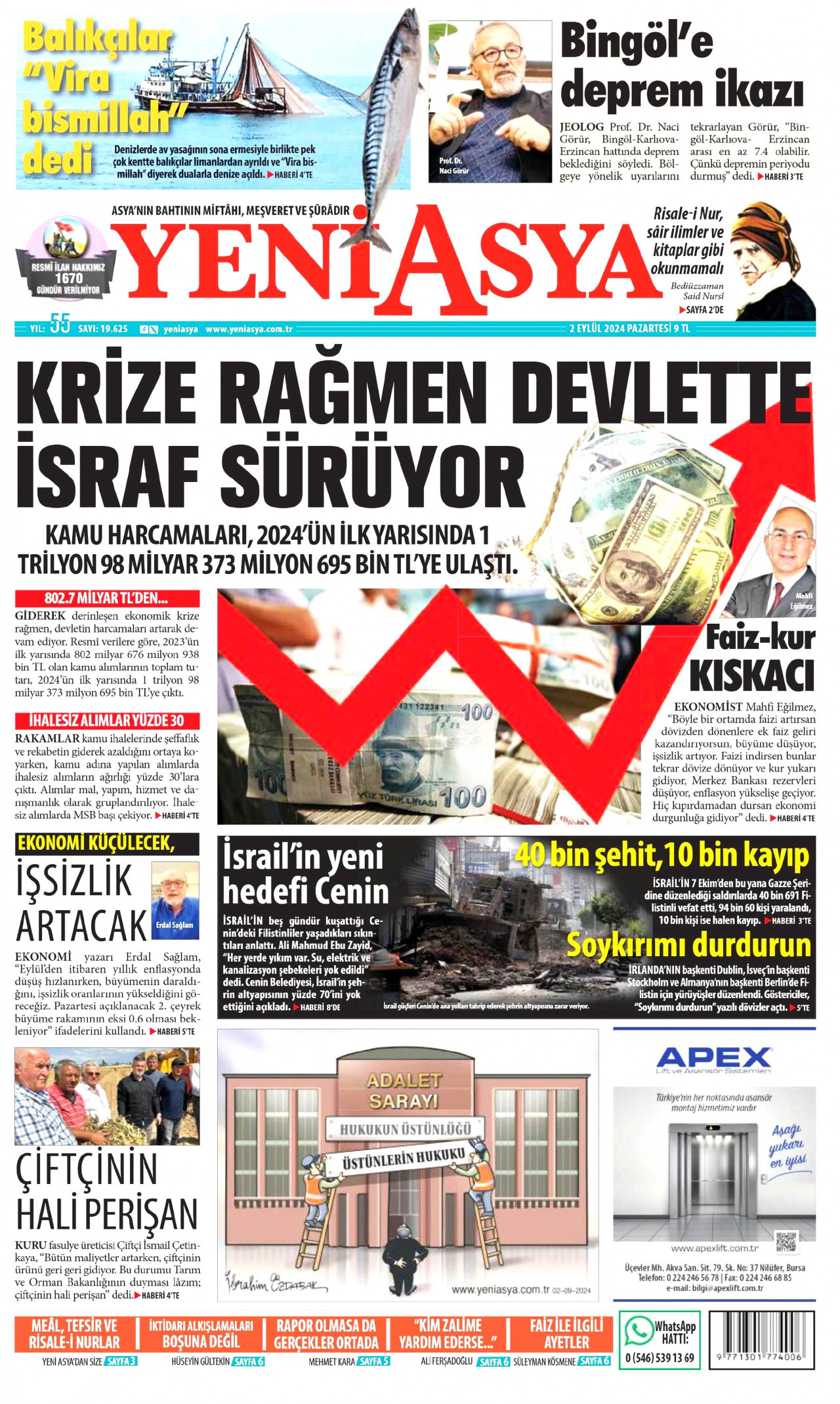 YENİ ASYA gazetesinin 2 Eylül 2024 tarihli birinci sayfası