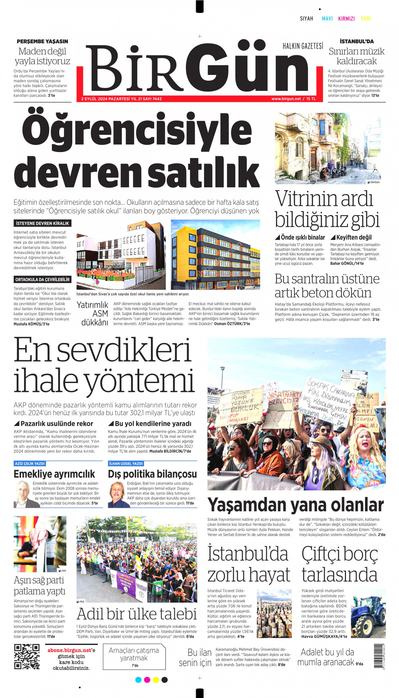 BİRGÜN gazetesinin 2 Eylül 2024 tarihli birinci sayfası