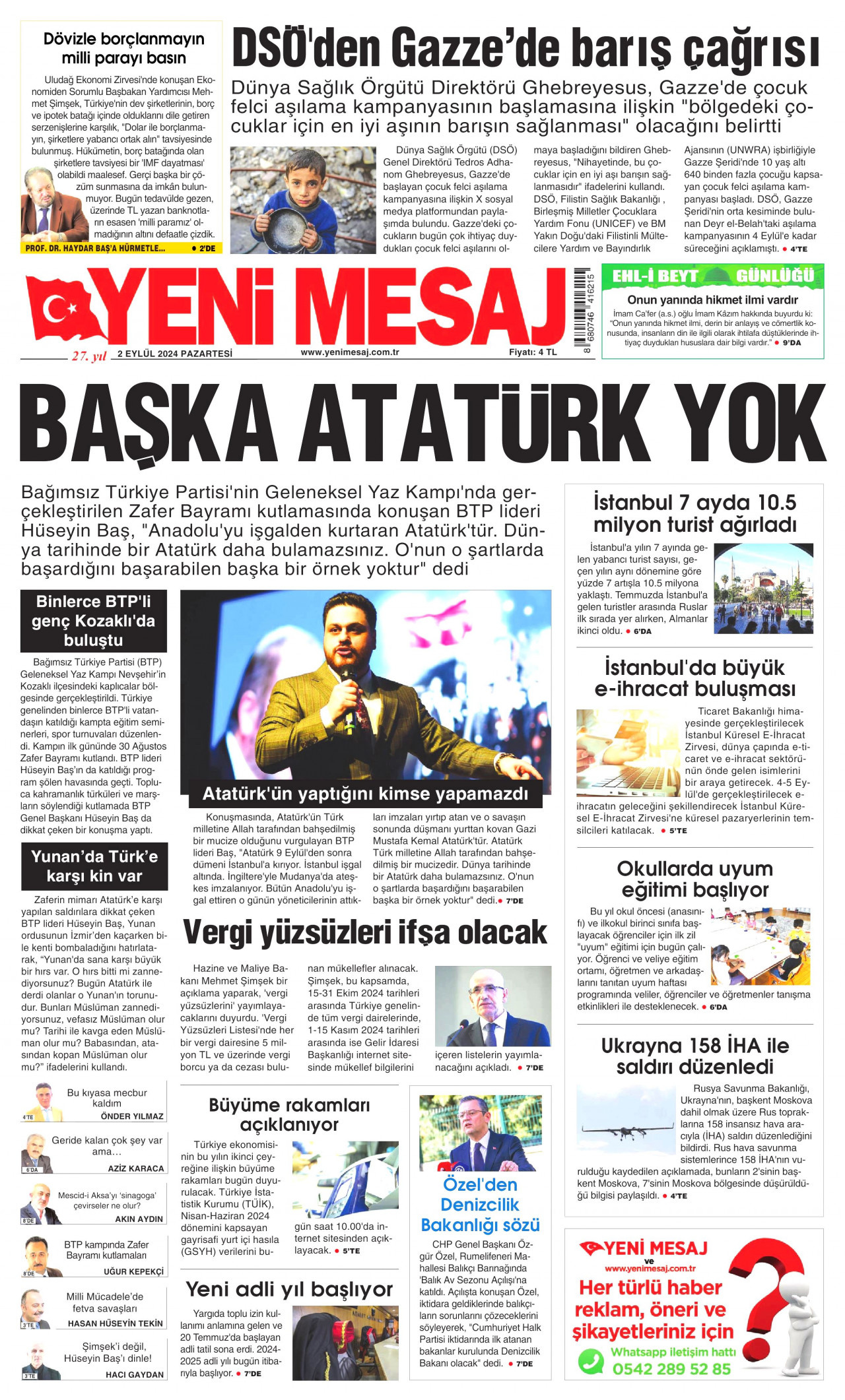 YENİ MESAJ gazetesinin 2 Eylül 2024 tarihli birinci sayfası