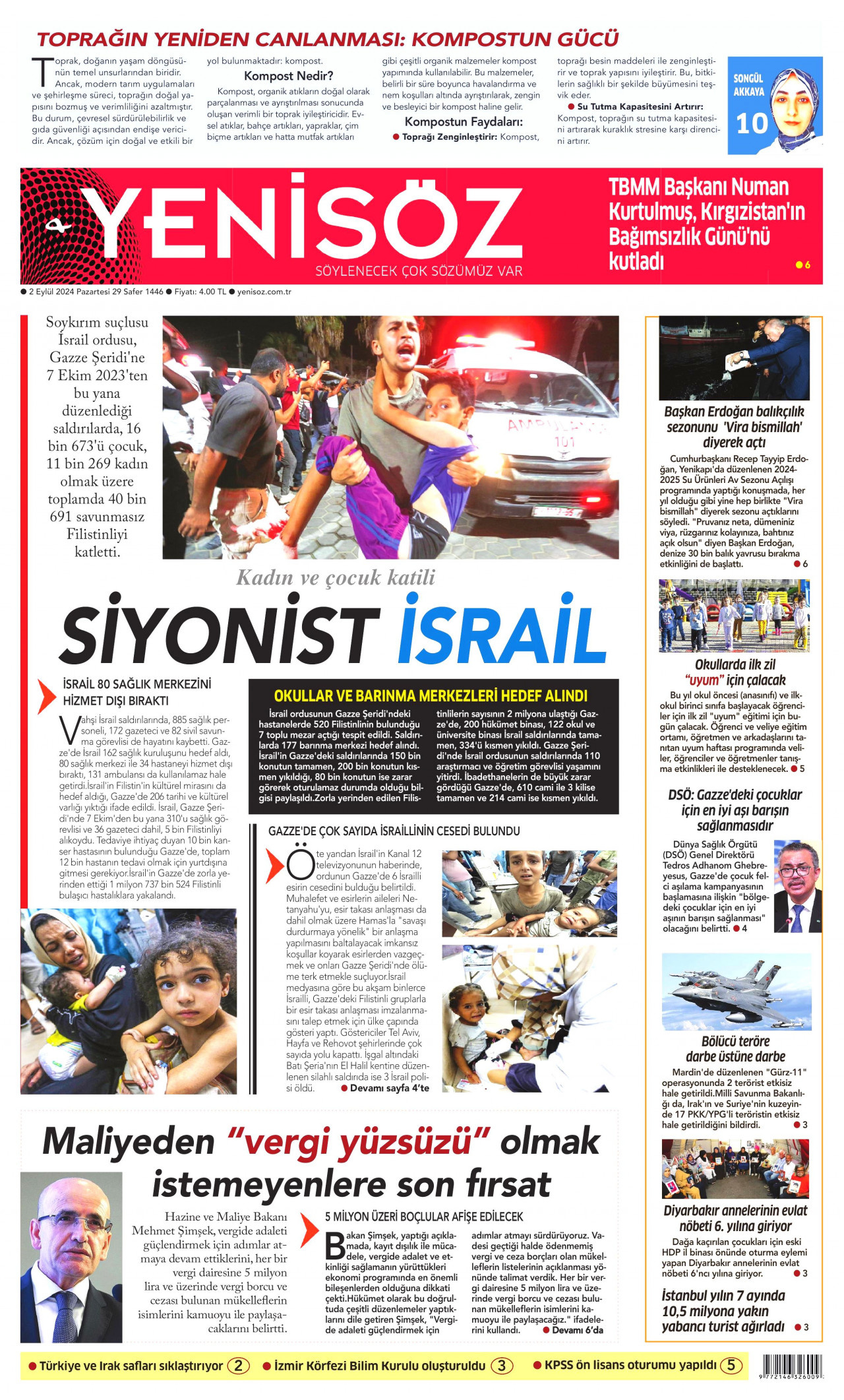 YENİ SÖZ GAZETESİ gazetesinin 2 Eylül 2024 tarihli birinci sayfası