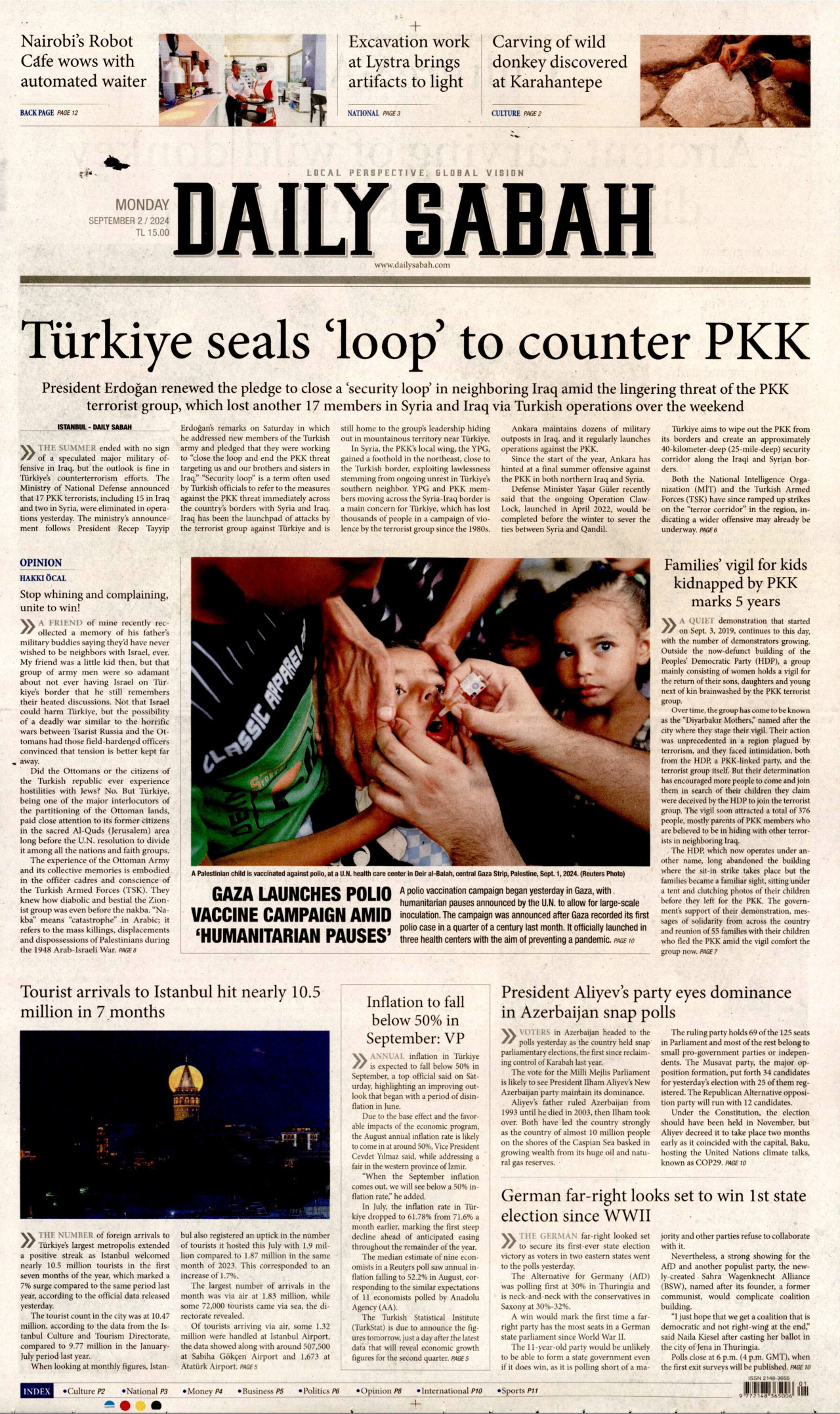 DAİLY SABAH gazetesinin 2 Eylül 2024 tarihli birinci sayfası