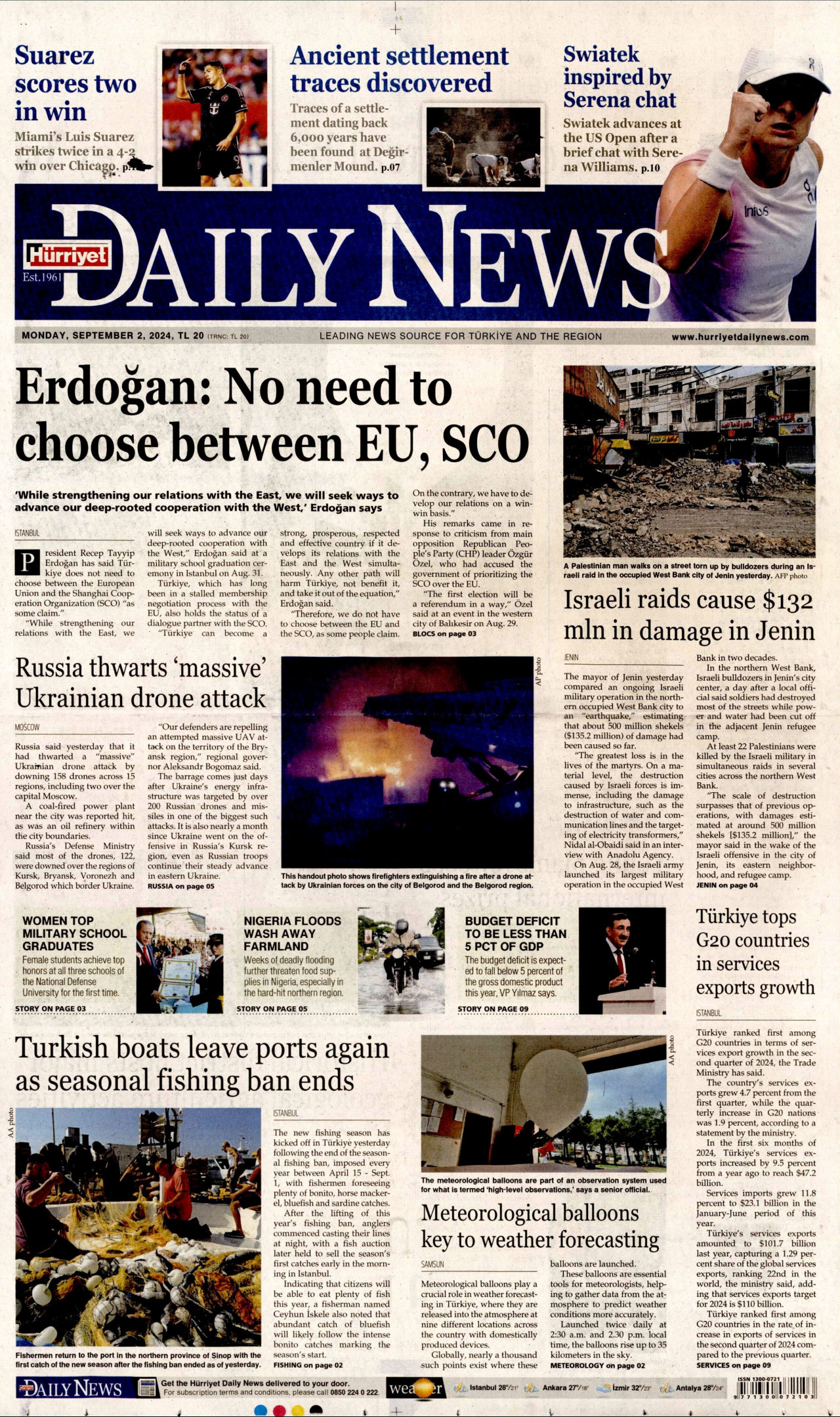 HÜRRİYET DAİLY NEWS gazetesinin 2 Eylül 2024 tarihli birinci sayfası