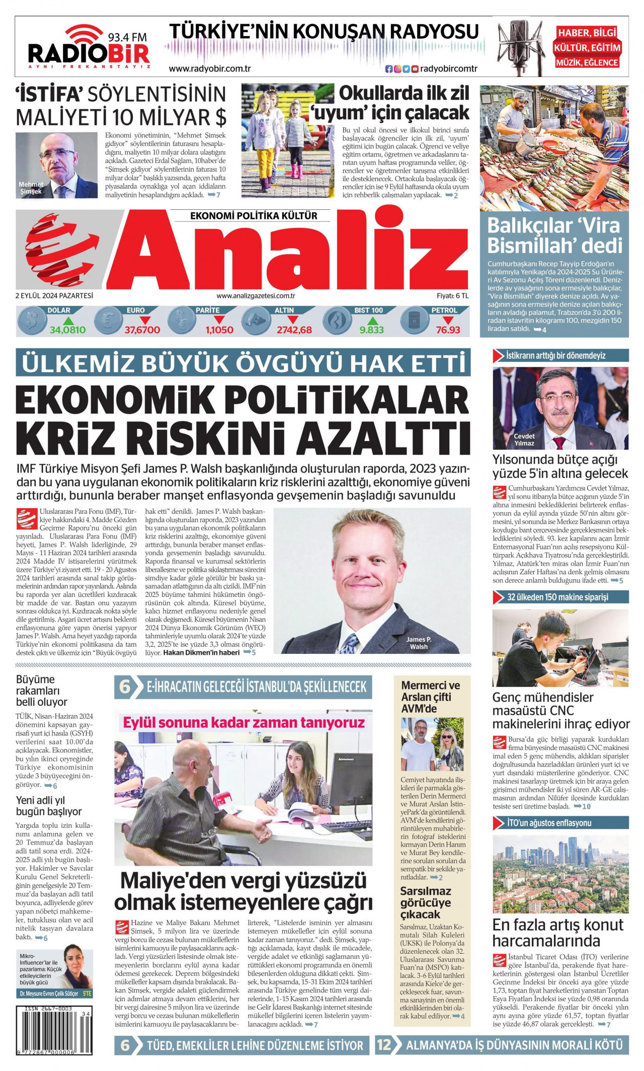 ANALİZ gazetesinin 2 Eylül 2024 tarihli birinci sayfası
