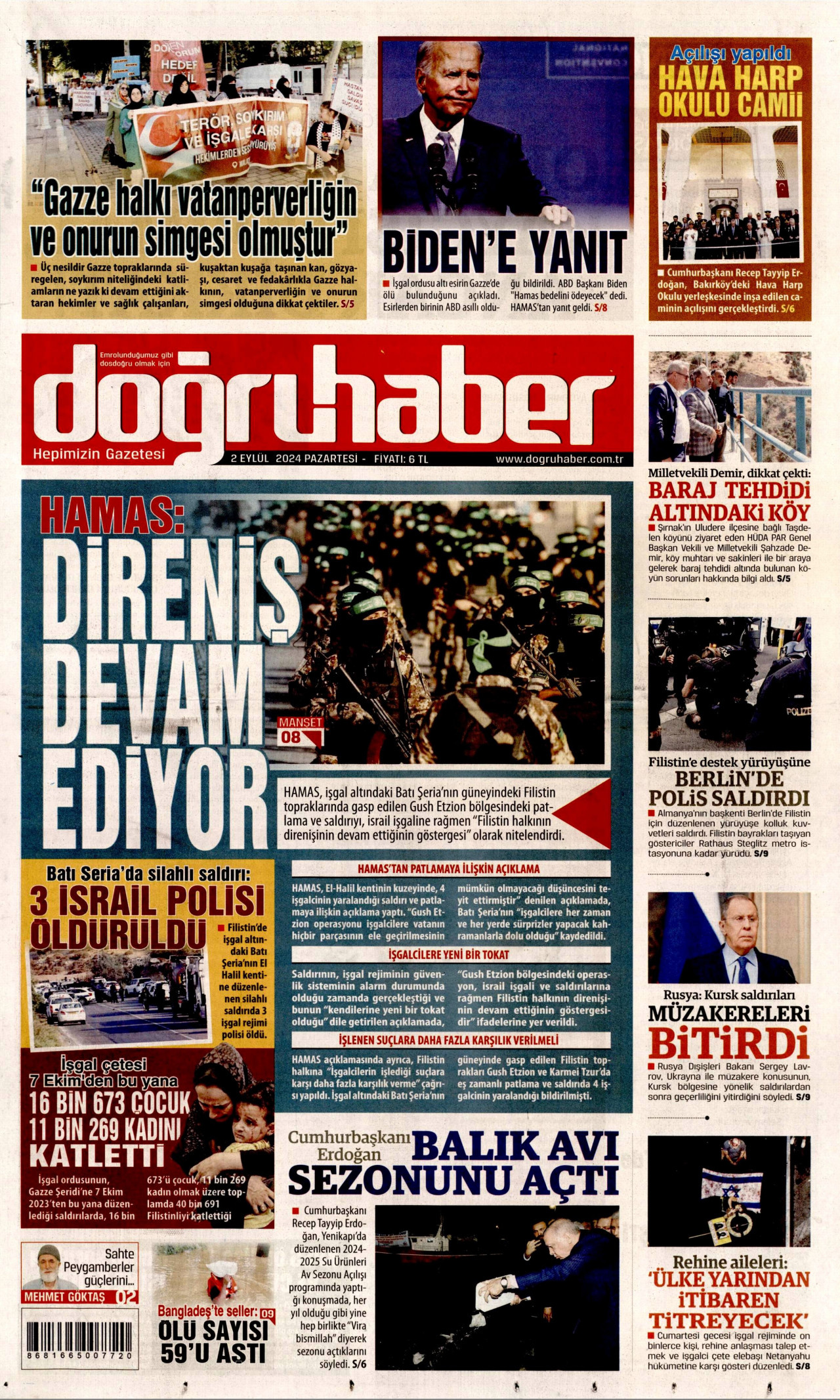 DOĞRU HABER gazetesinin 2 Eylül 2024 tarihli birinci sayfası
