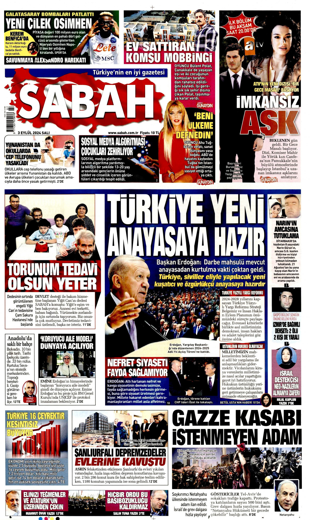 SABAH gazetesinin 3 Eylül 2024 tarihli birinci sayfası