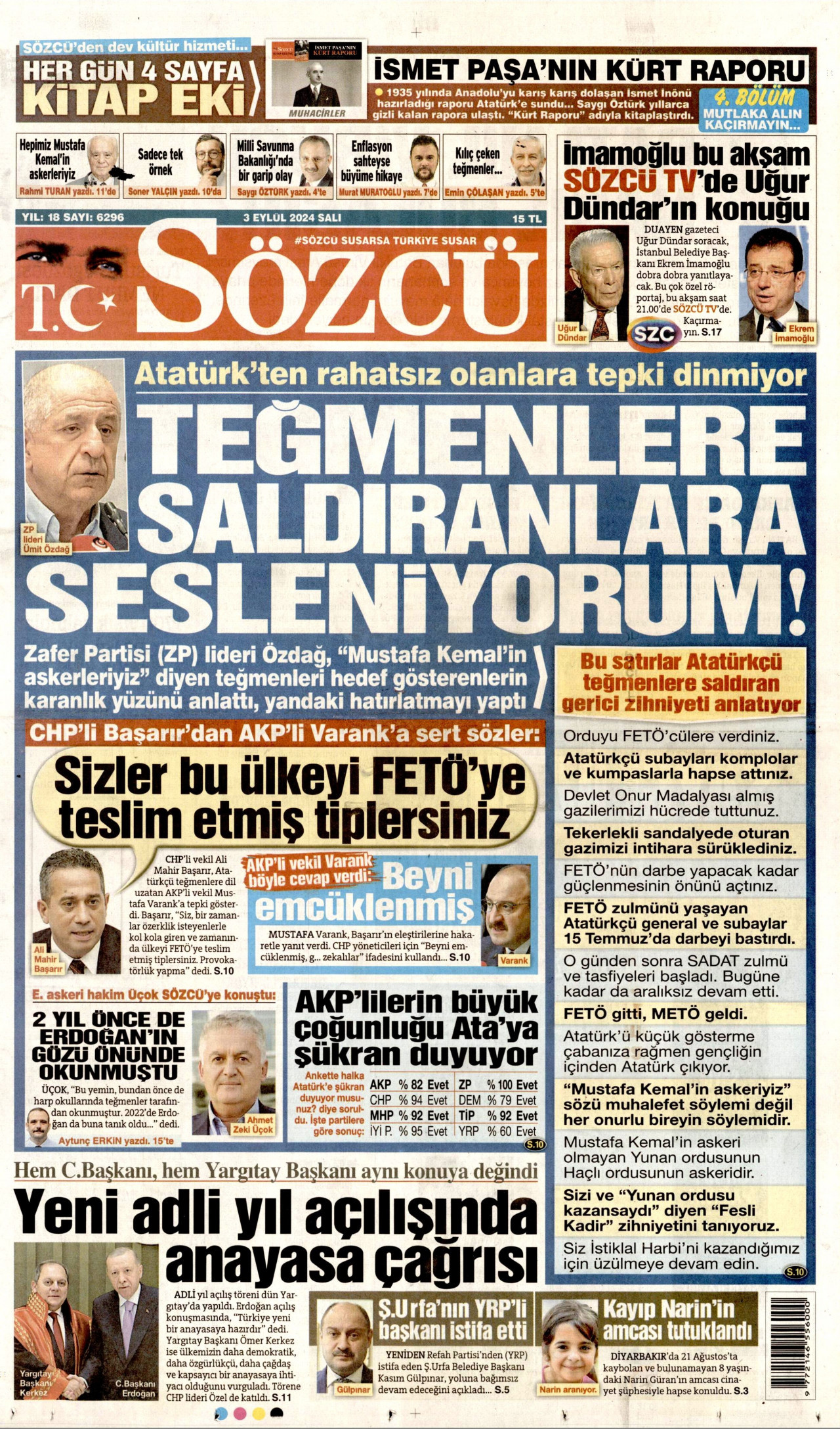 SÖZCÜ gazetesinin 3 Eylül 2024 tarihli birinci sayfası