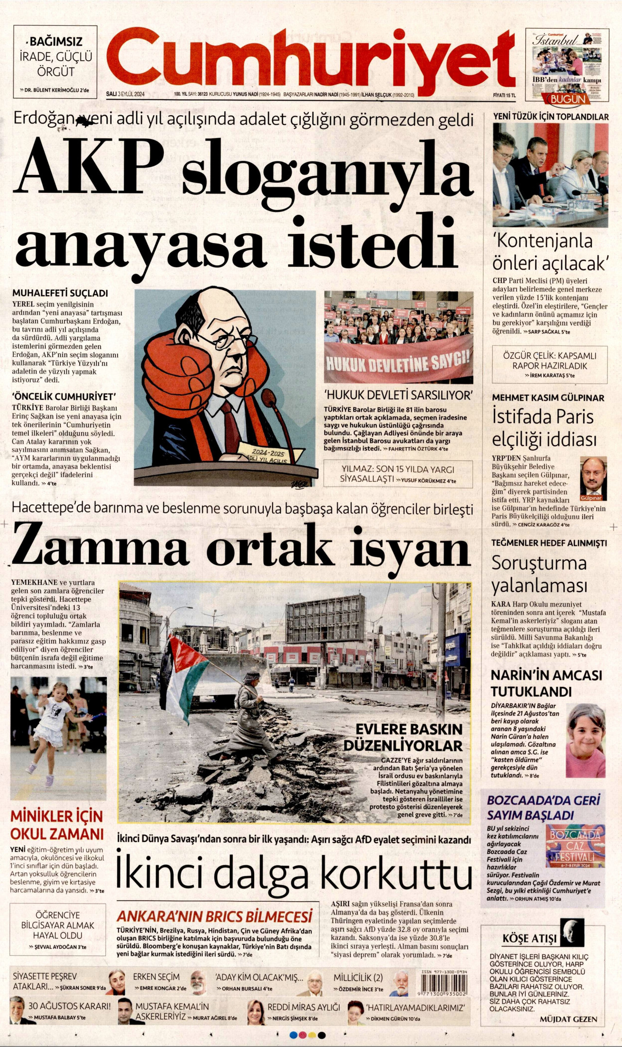 CUMHURİYET gazetesinin 3 Eylül 2024 tarihli birinci sayfası